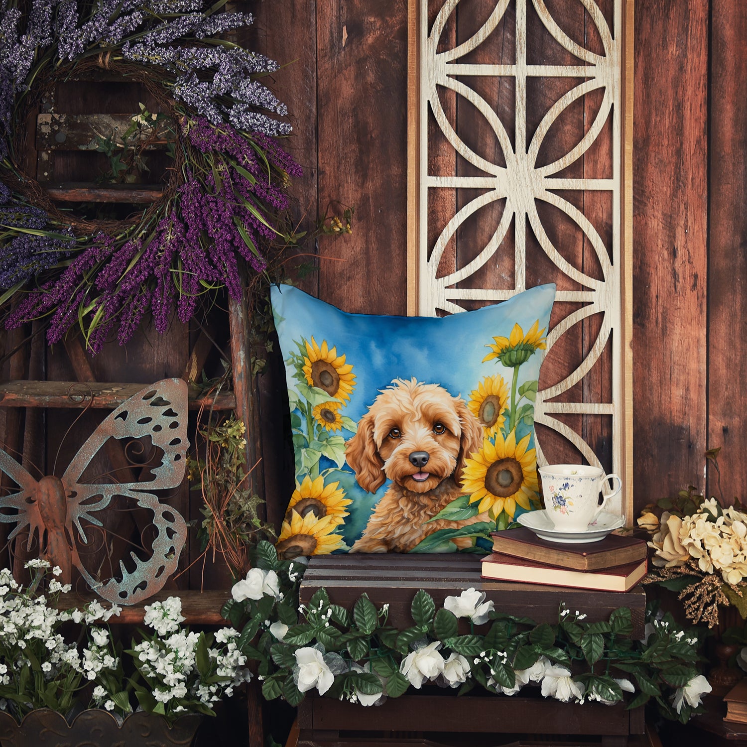 Cockapoo in Sunflowers Throw Pillow