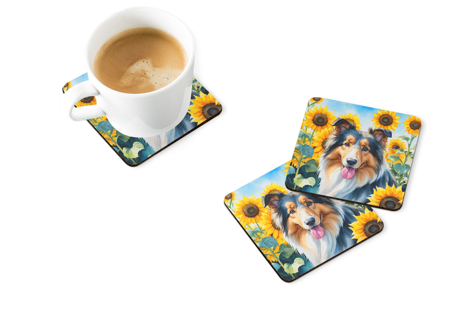 Collie in Sunflowers Foam Coasters