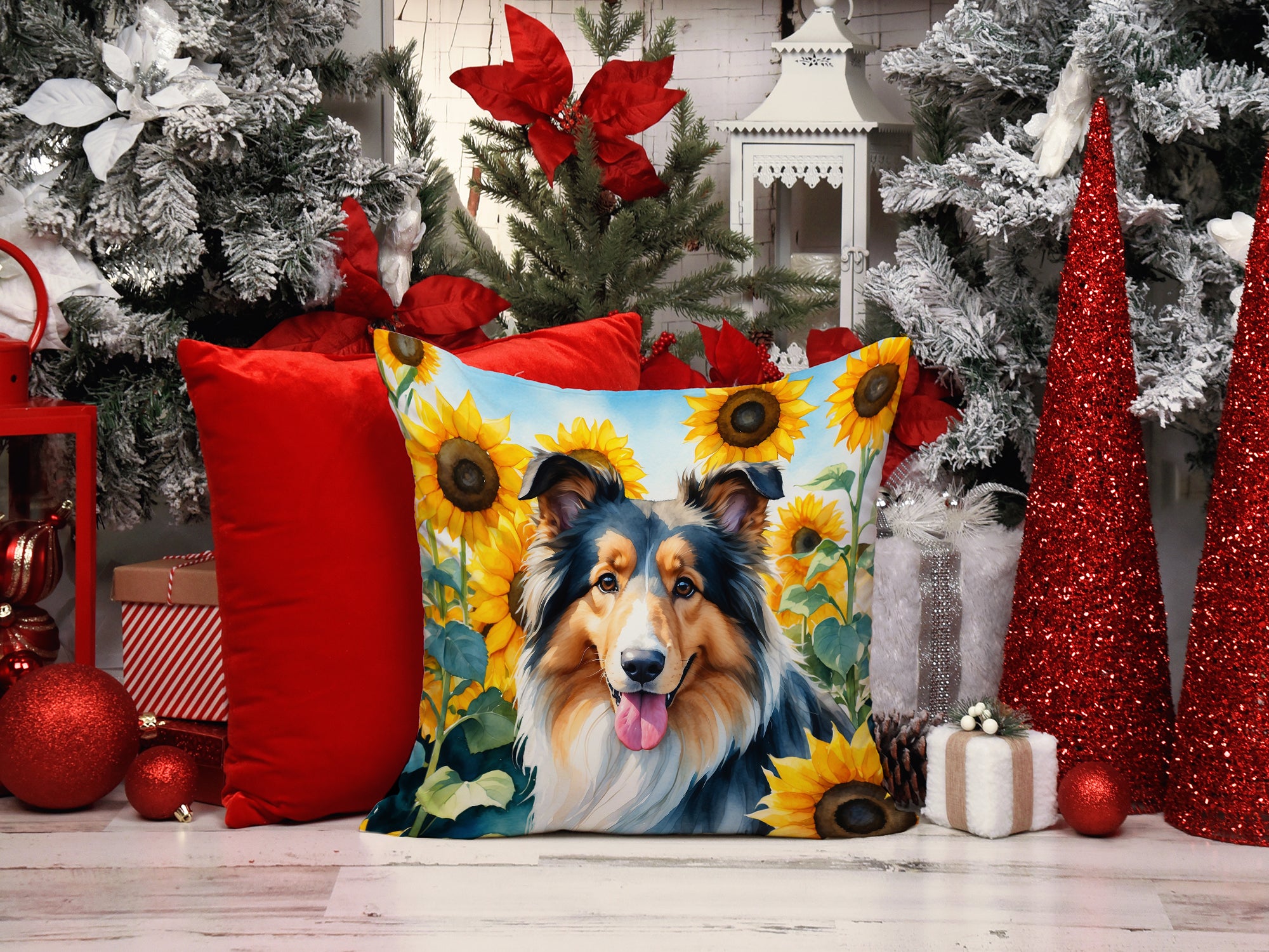 Collie in Sunflowers Throw Pillow