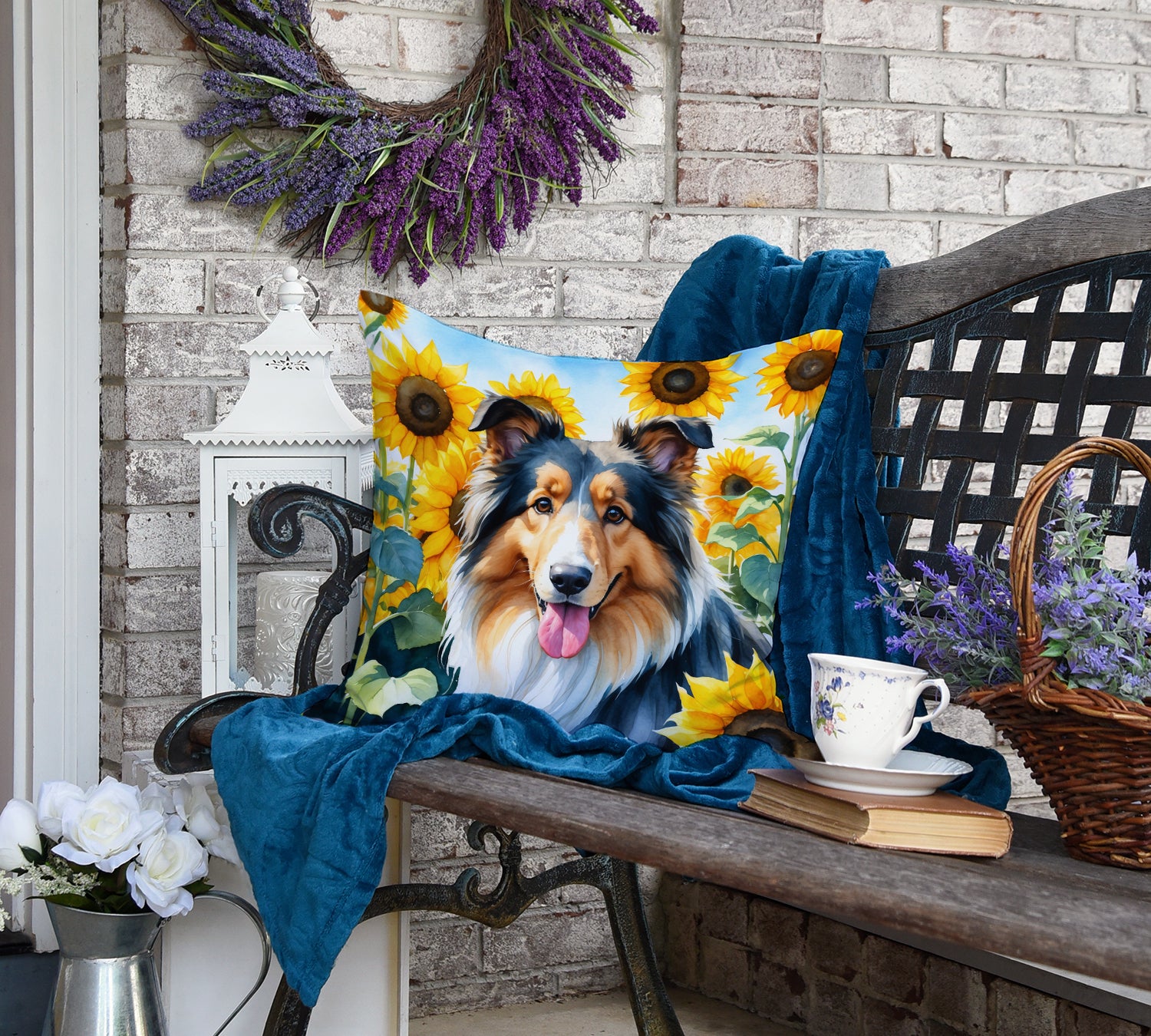 Collie in Sunflowers Throw Pillow