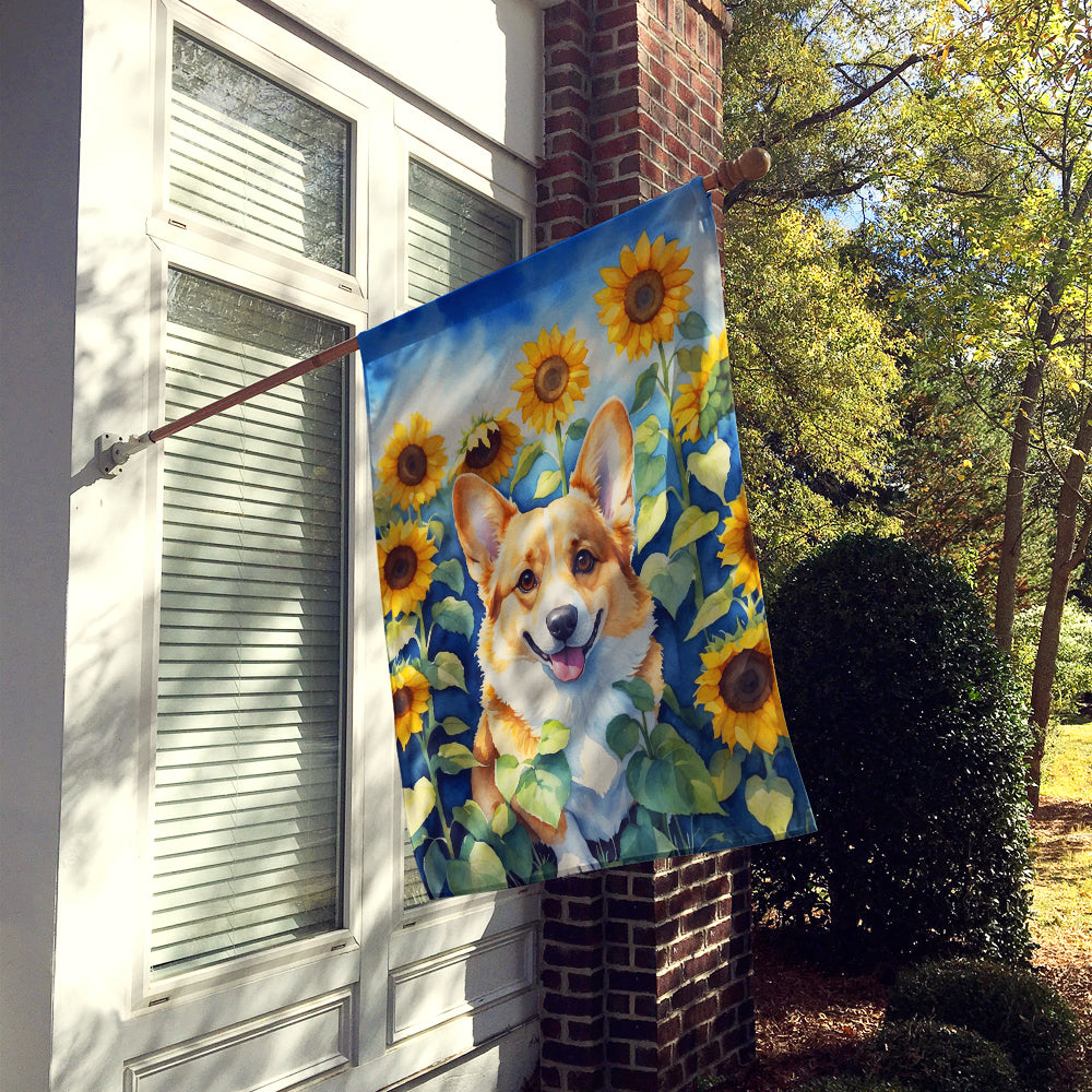 Corgi in Sunflowers House Flag