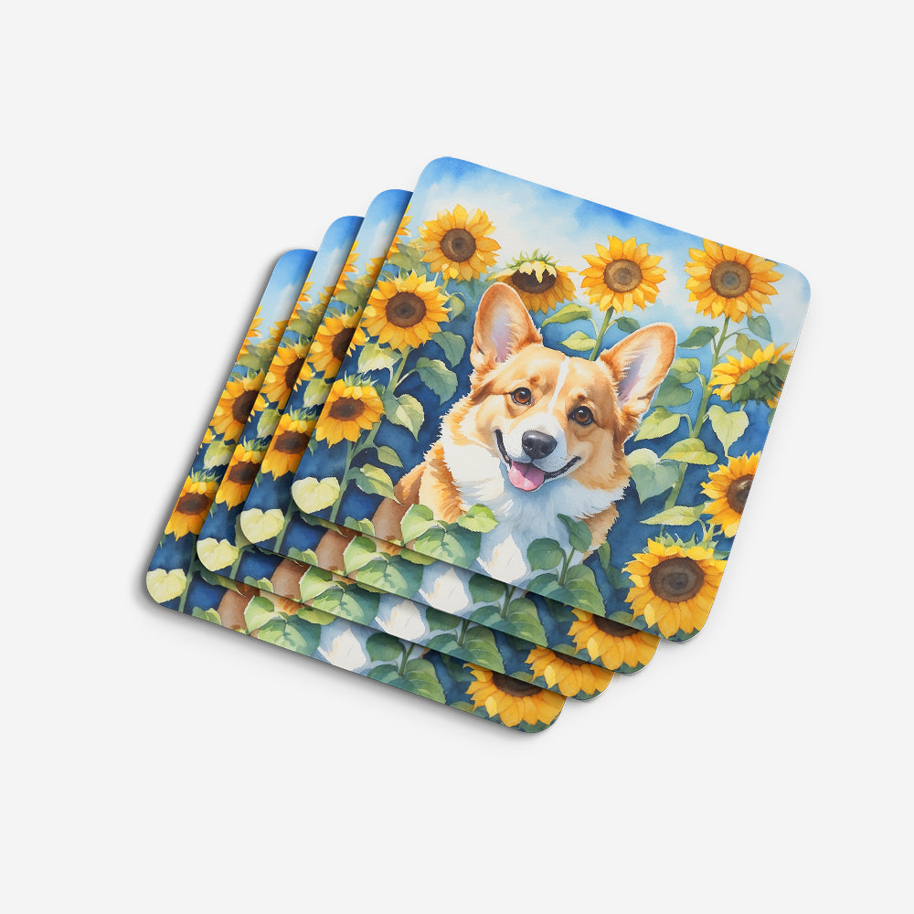 Corgi in Sunflowers Foam Coasters