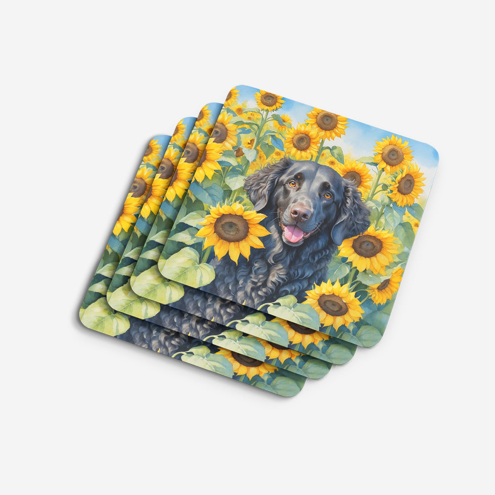 Curly-Coated Retriever in Sunflowers Foam Coasters