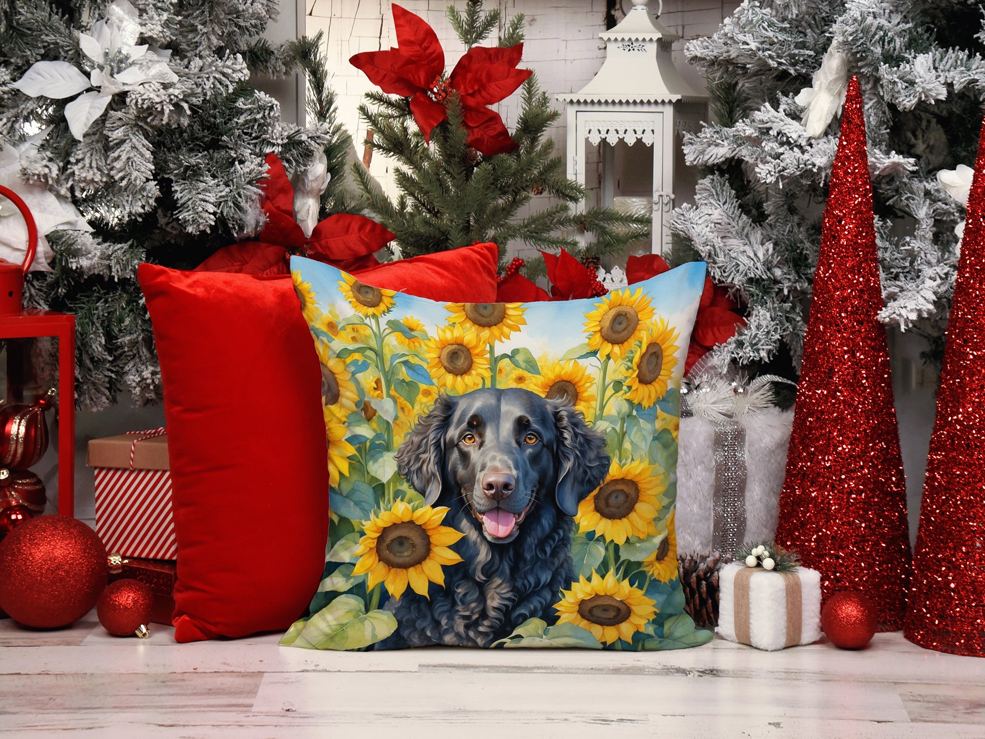 Curly-Coated Retriever in Sunflowers Throw Pillow