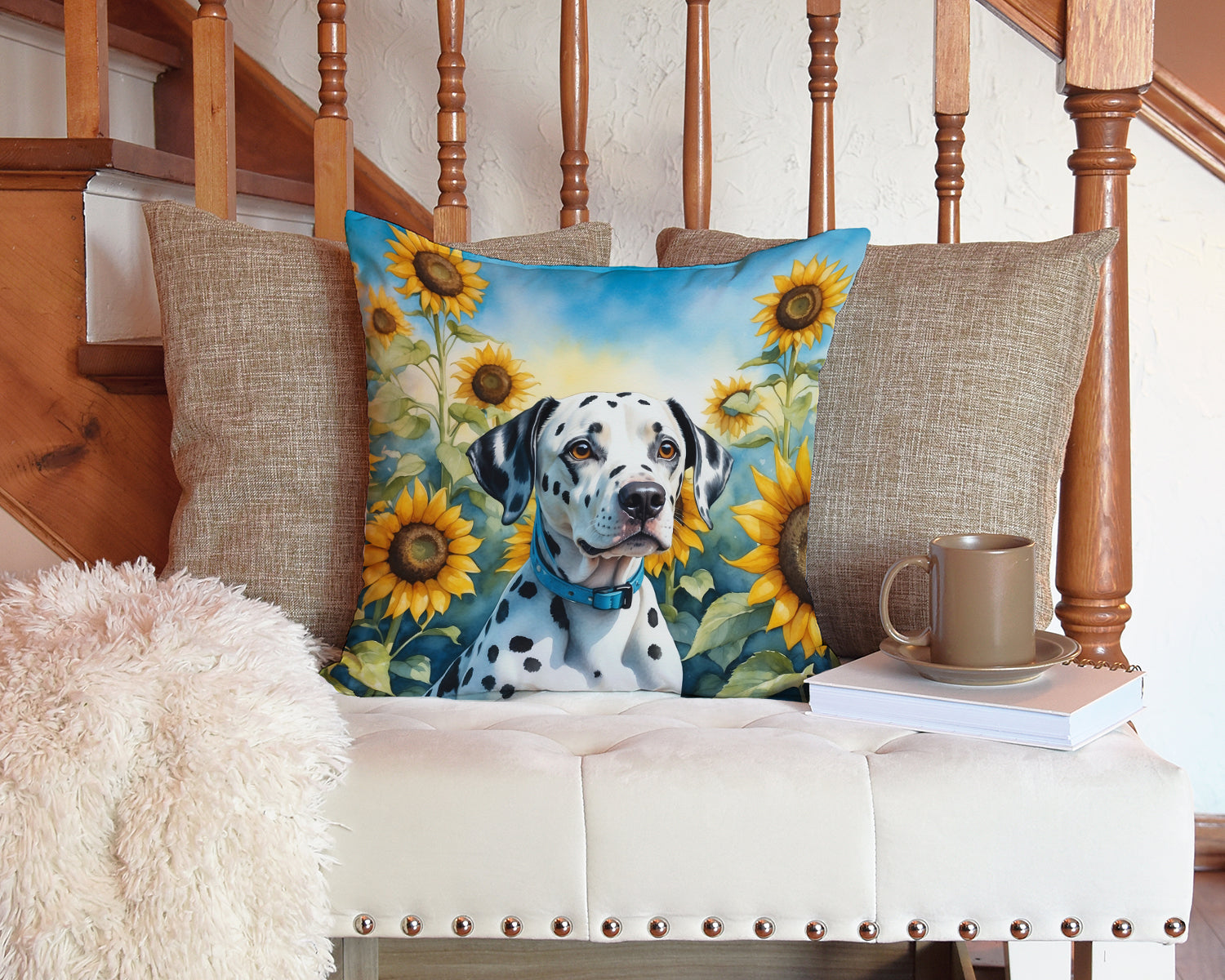 Dalmatian in Sunflowers Throw Pillow