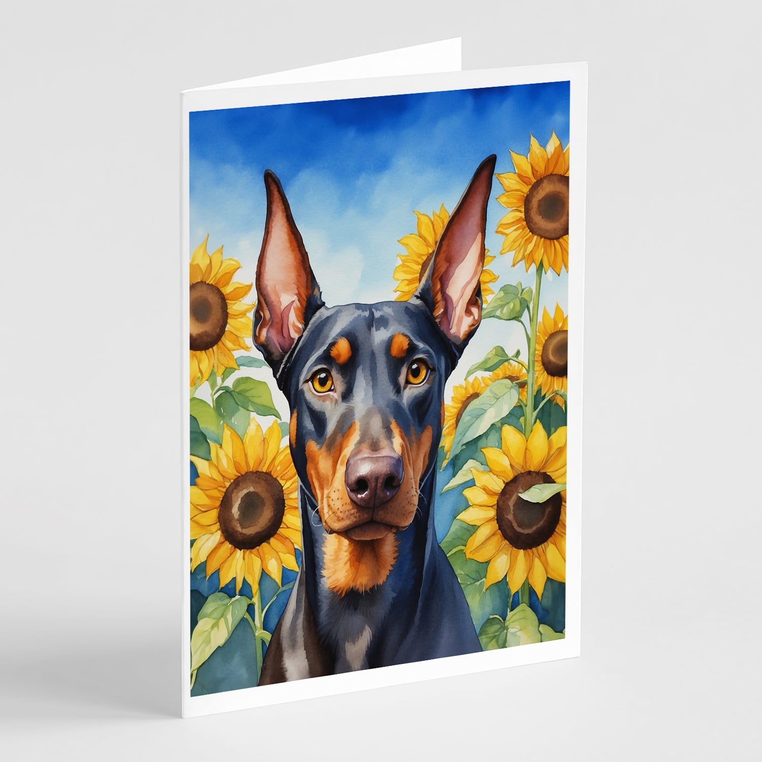 Buy this Doberman Pinscher in Sunflowers Greeting Cards Pack of 8