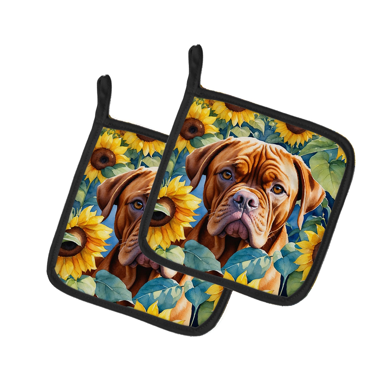 Buy this Dogue de Bordeaux in Sunflowers Pair of Pot Holders