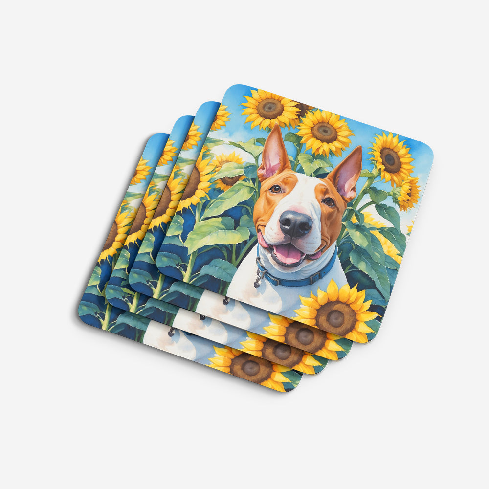 English Bull Terrier in Sunflowers Foam Coasters