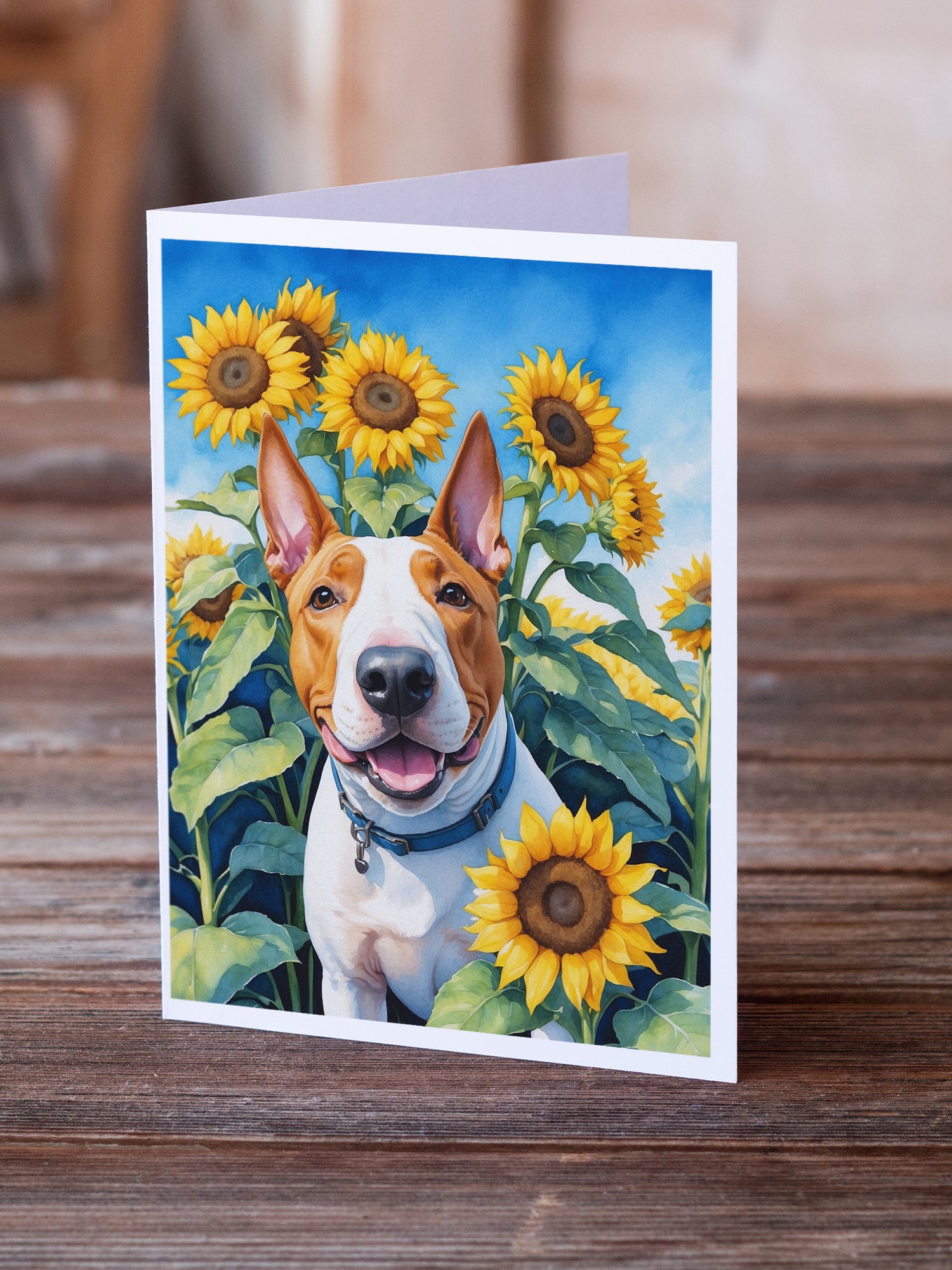 Buy this English Bull Terrier in Sunflowers Greeting Cards Pack of 8