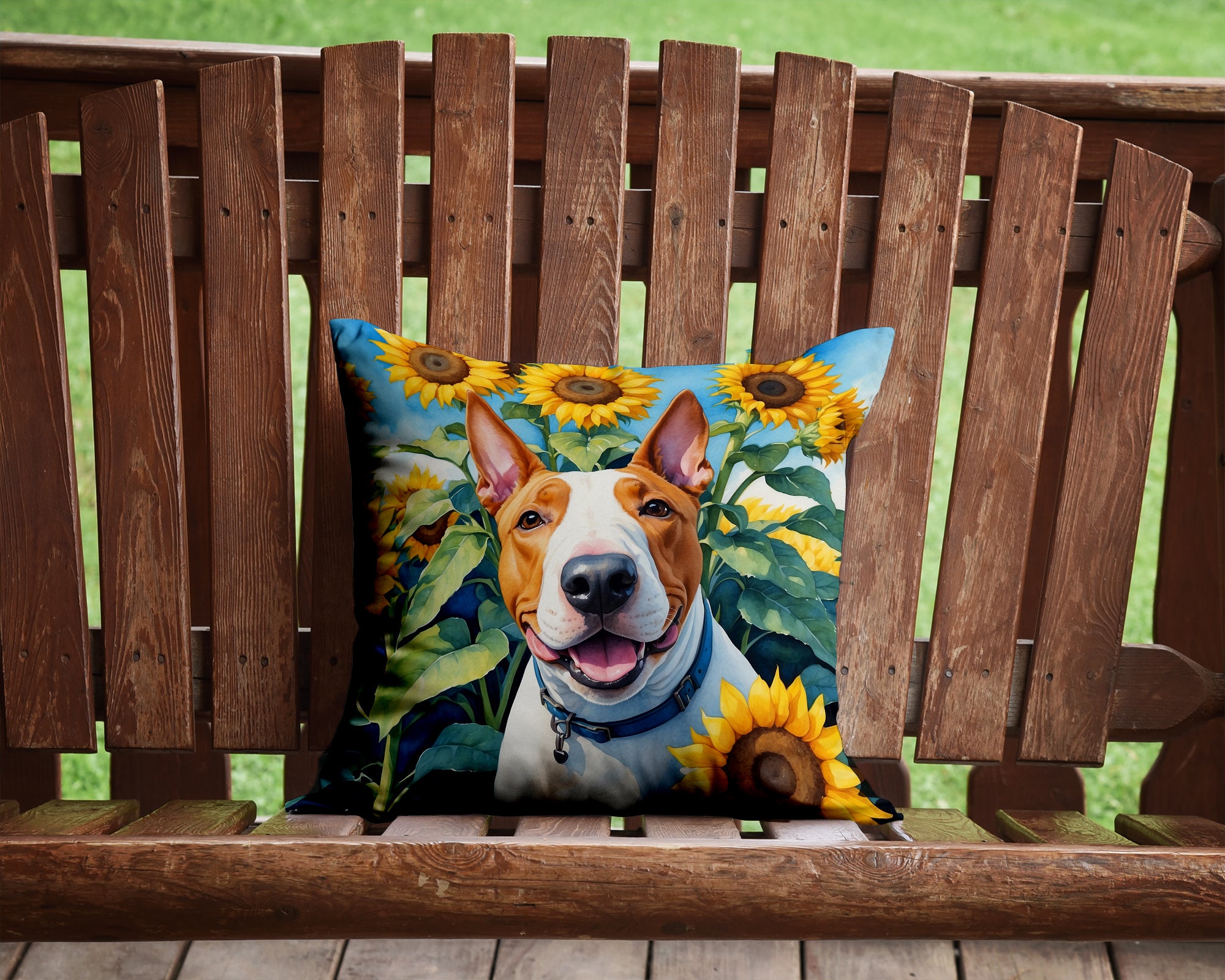 Buy this English Bull Terrier in Sunflowers Throw Pillow