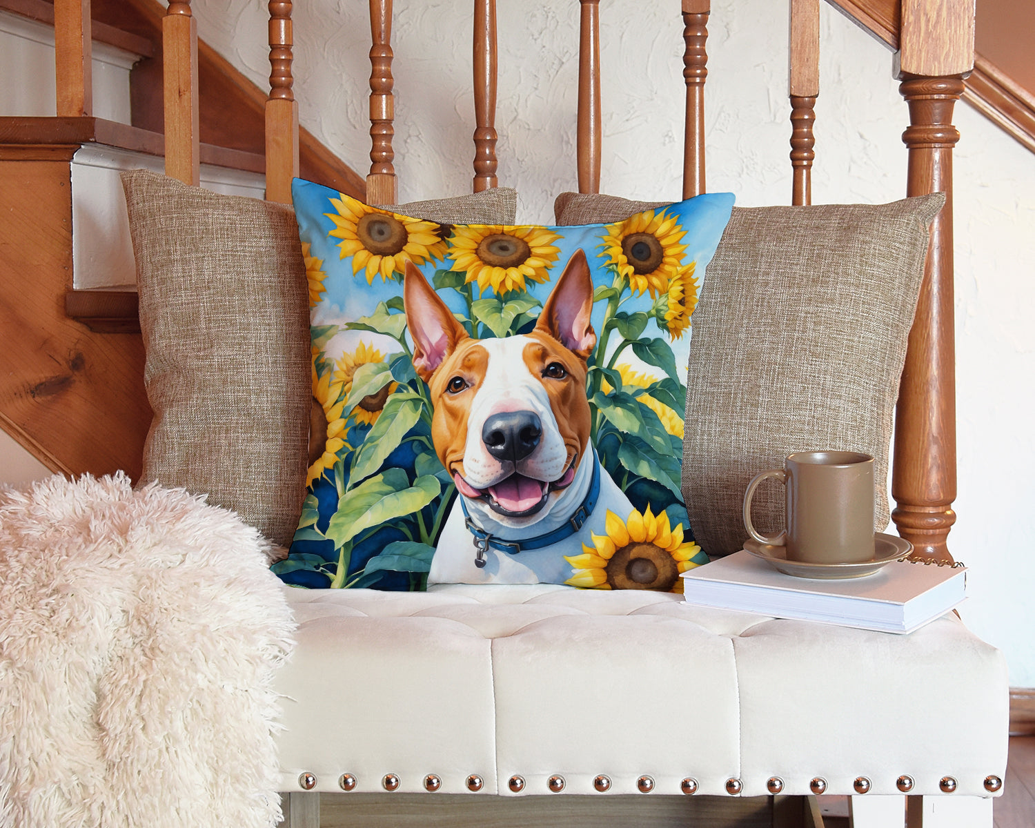 English Bull Terrier in Sunflowers Throw Pillow