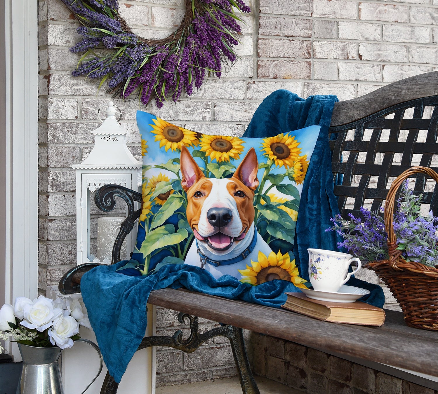 English Bull Terrier in Sunflowers Throw Pillow