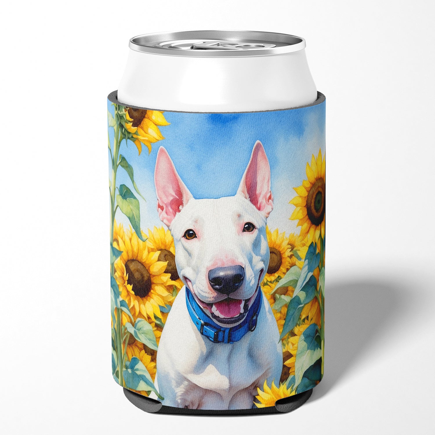 English Bull Terrier in Sunflowers Can or Bottle Hugger