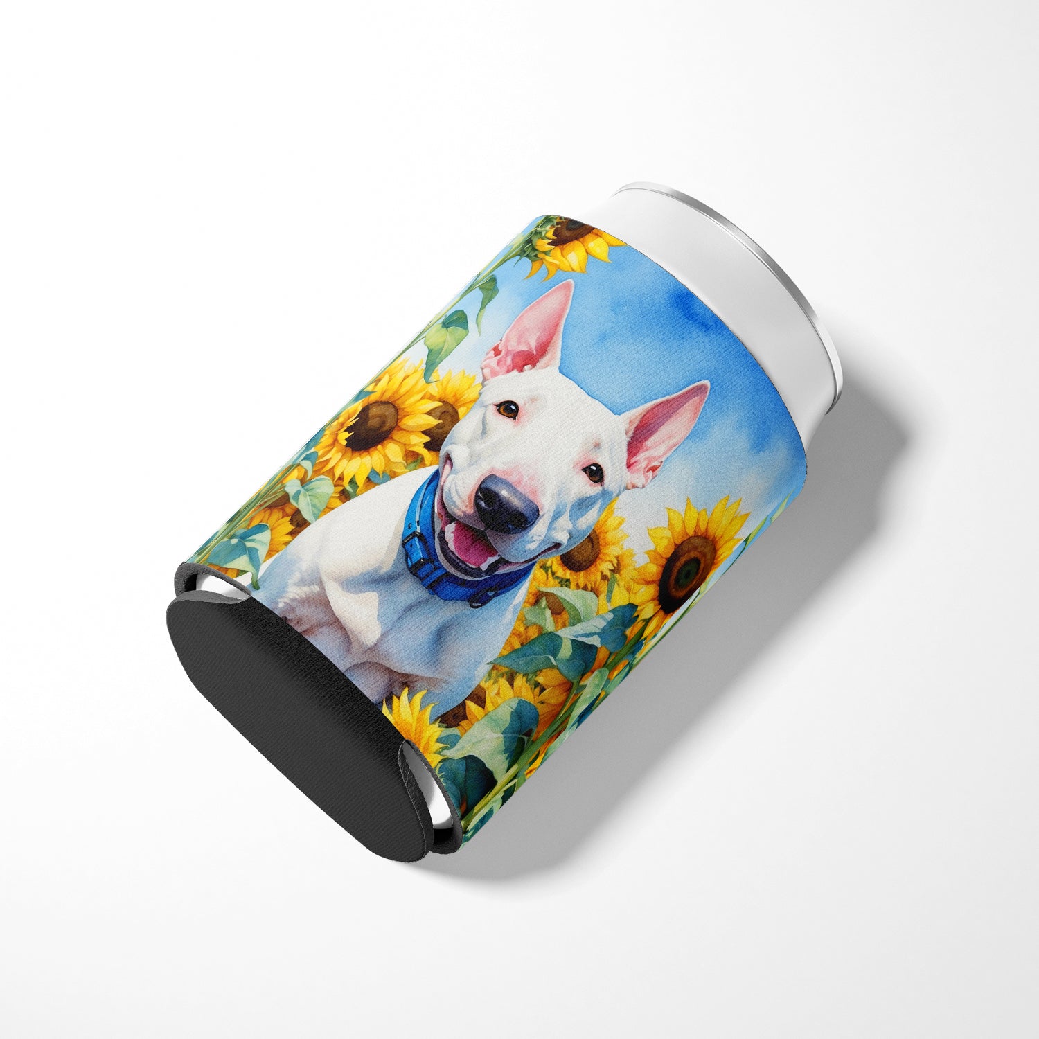 English Bull Terrier in Sunflowers Can or Bottle Hugger