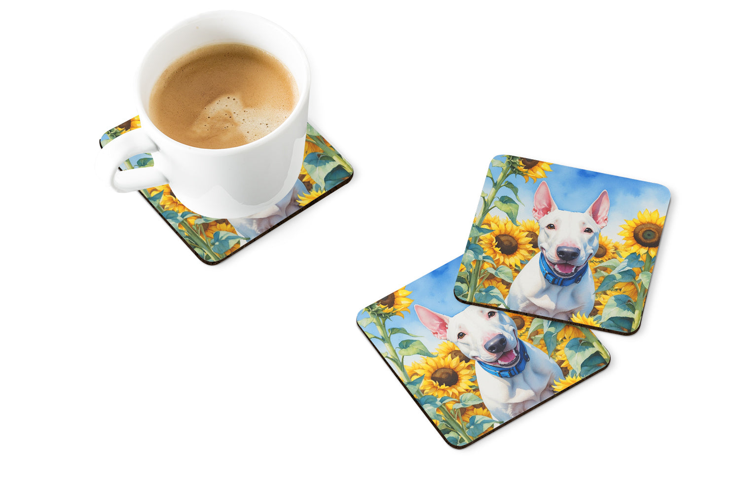 English Bull Terrier in Sunflowers Foam Coasters