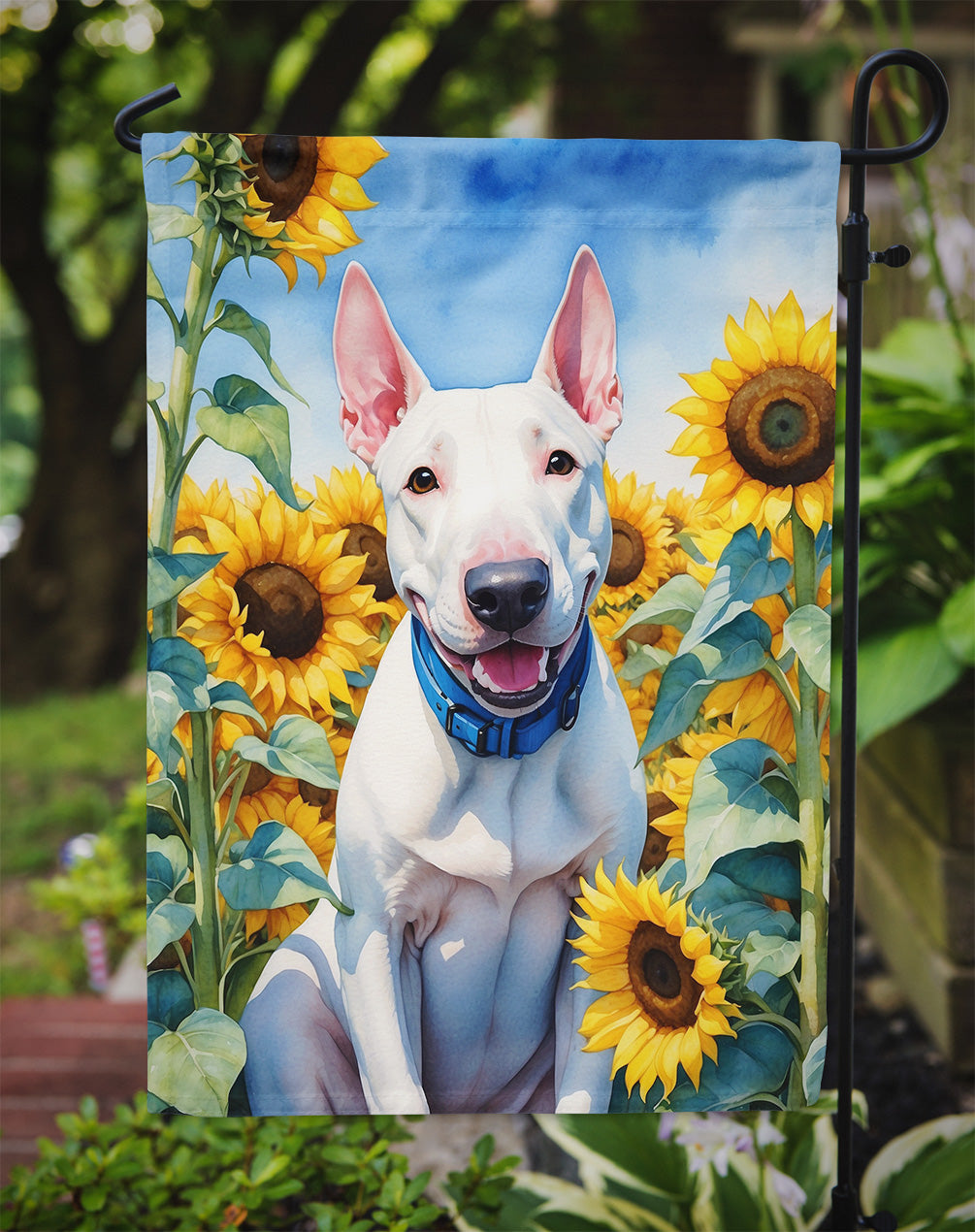 English Bull Terrier in Sunflowers Garden Flag