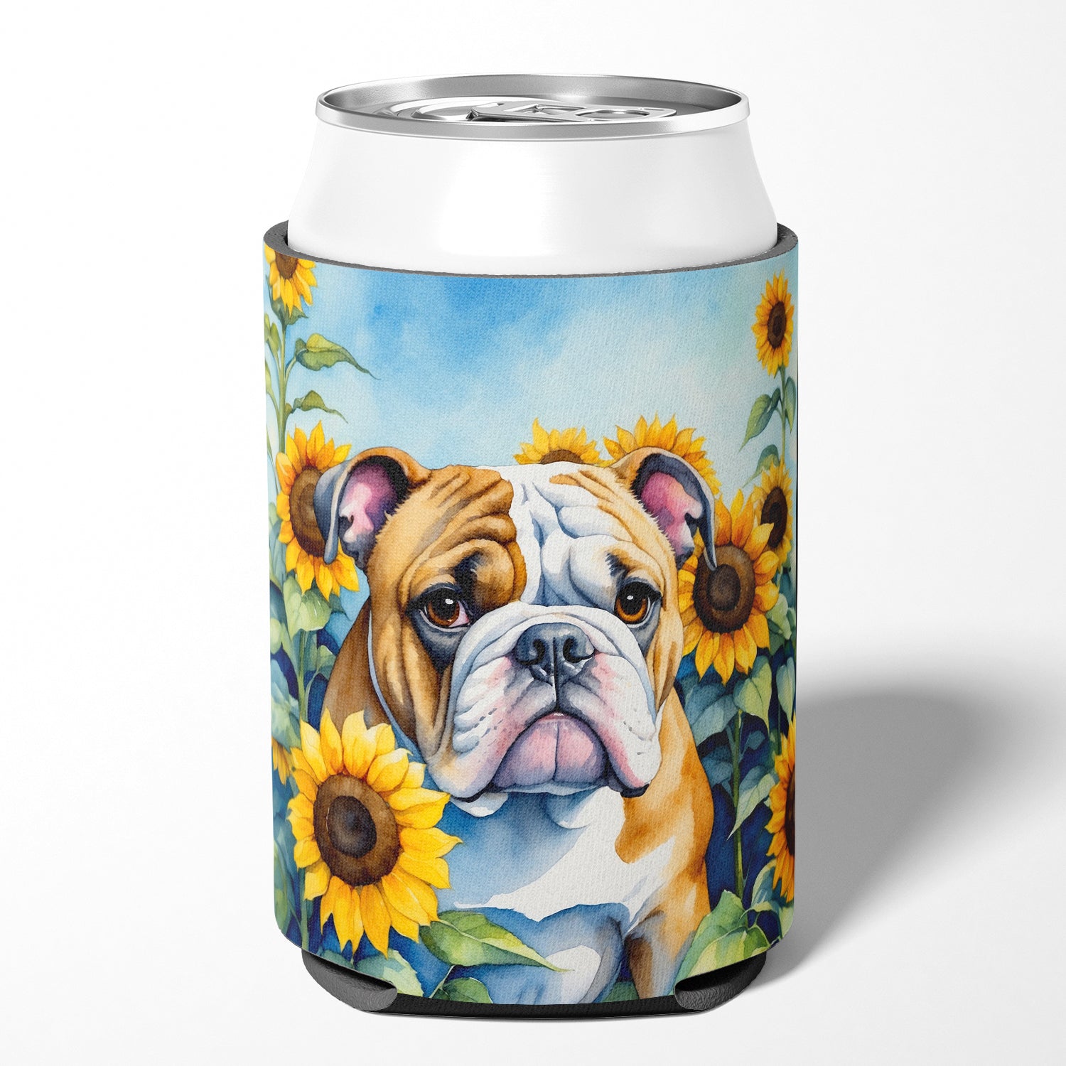 English Bulldog in Sunflowers Can or Bottle Hugger