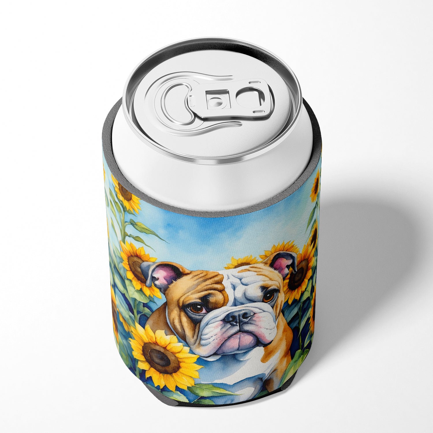 English Bulldog in Sunflowers Can or Bottle Hugger
