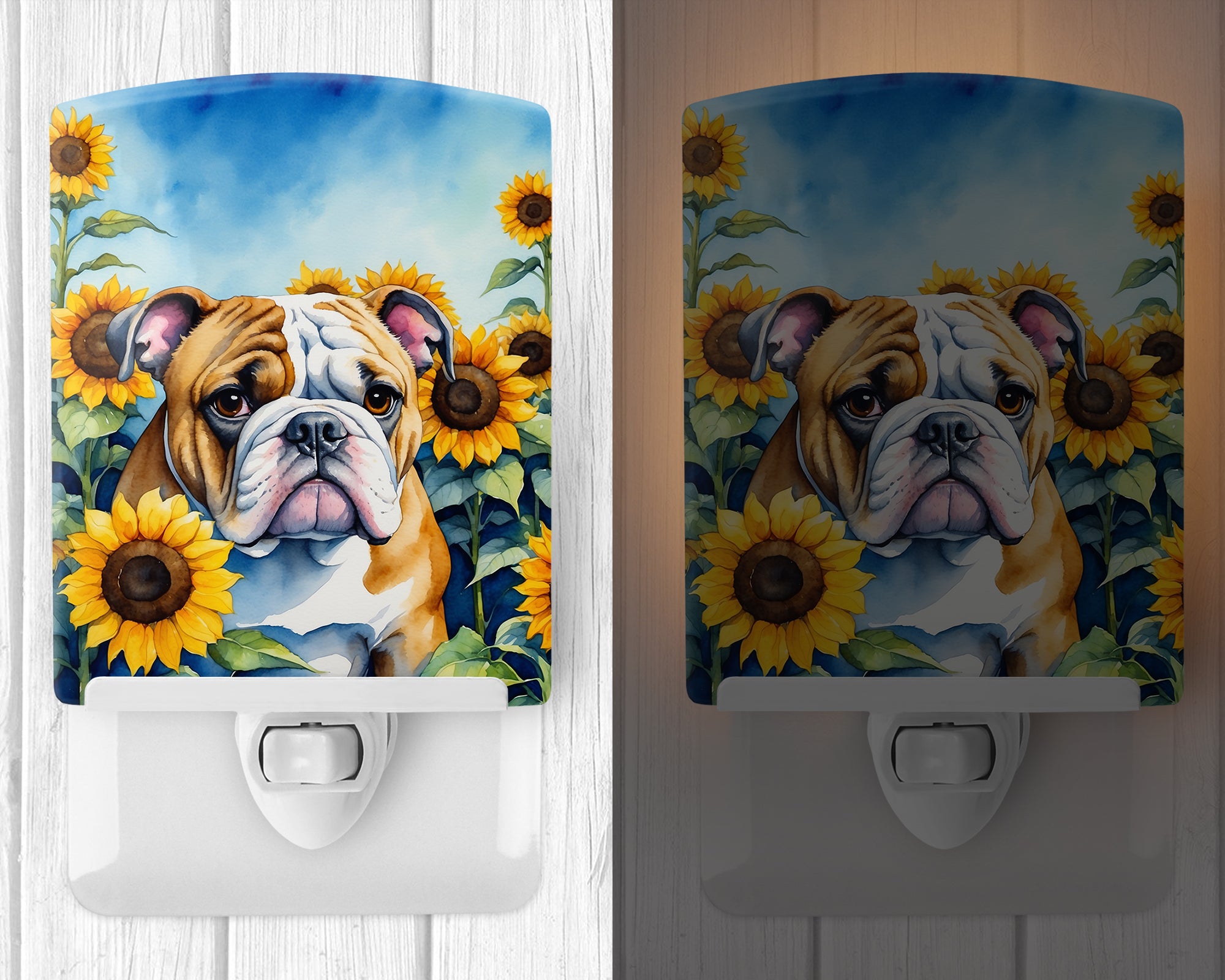 English Bulldog in Sunflowers Ceramic Night Light
