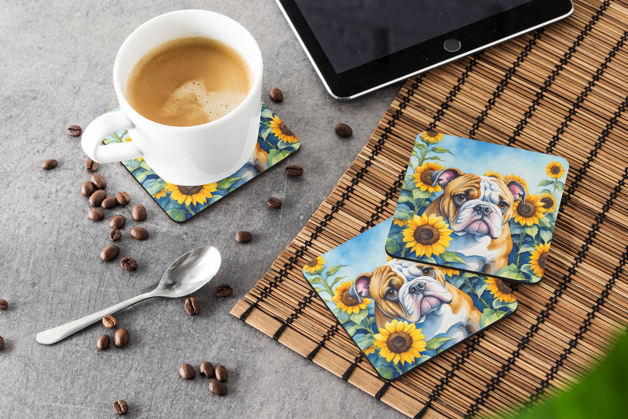 English Bulldog in Sunflowers Foam Coasters