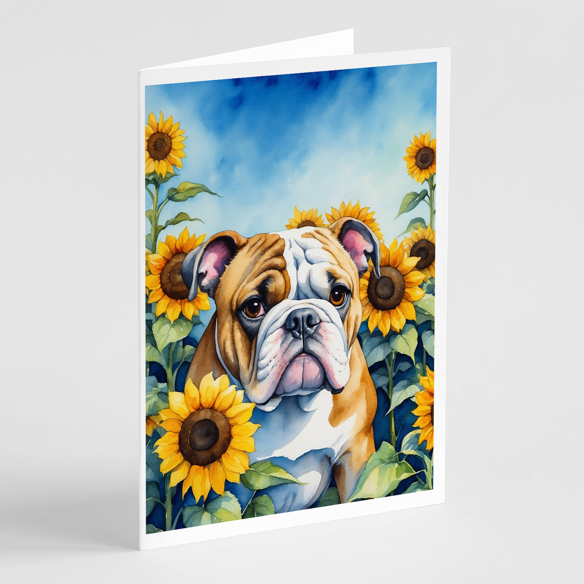 Buy this English Bulldog in Sunflowers Greeting Cards Pack of 8