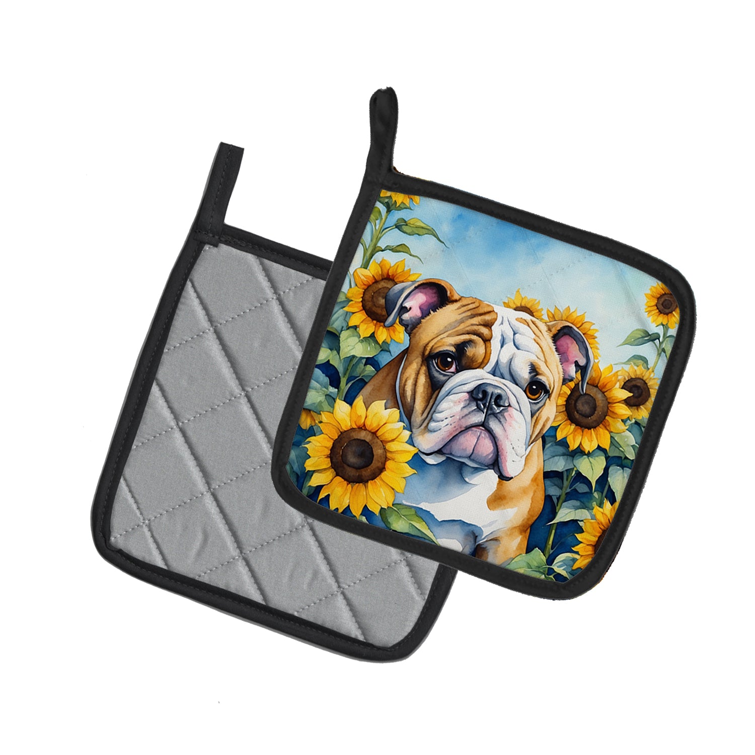 English Bulldog in Sunflowers Pair of Pot Holders