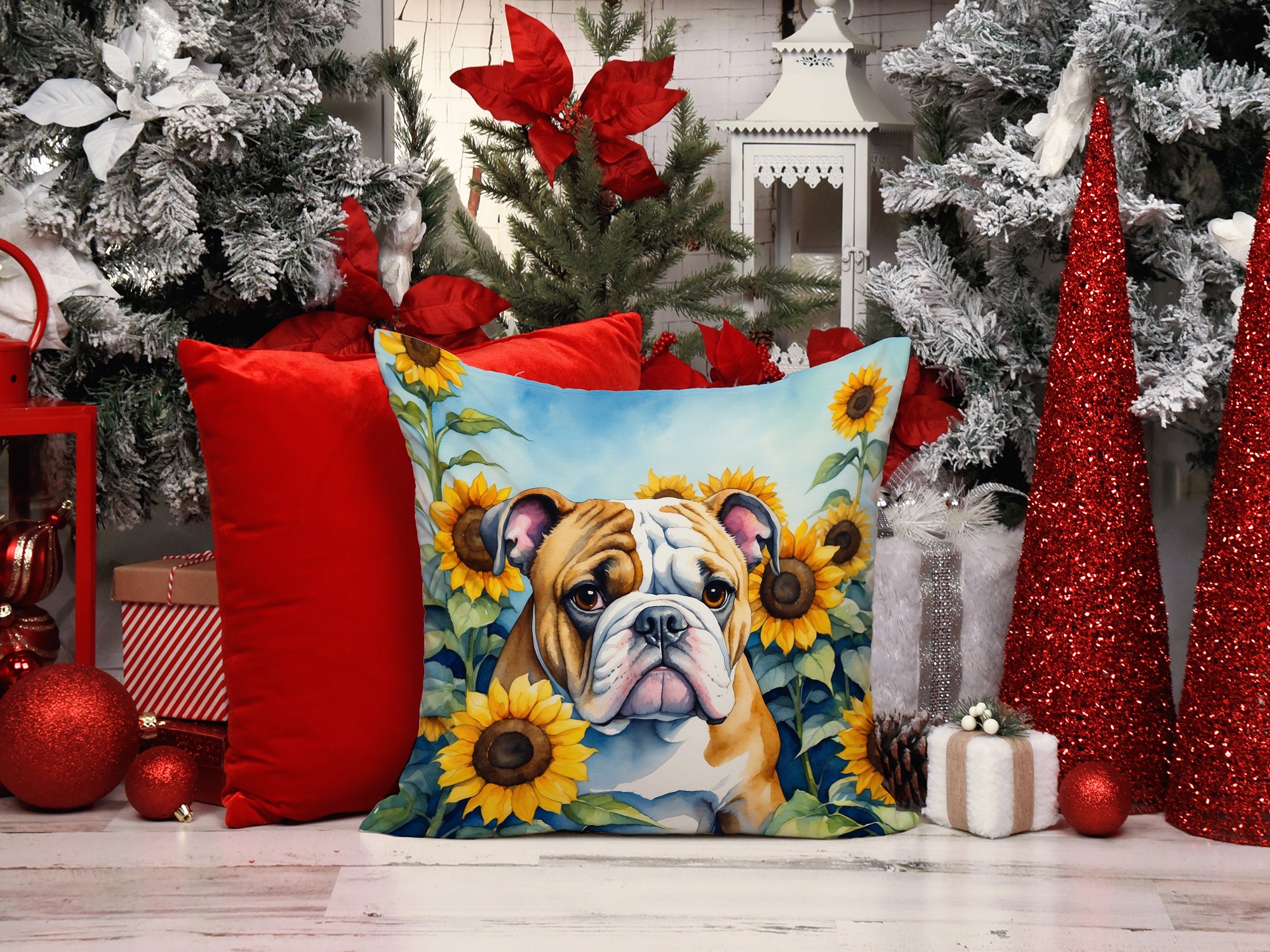 English Bulldog in Sunflowers Throw Pillow