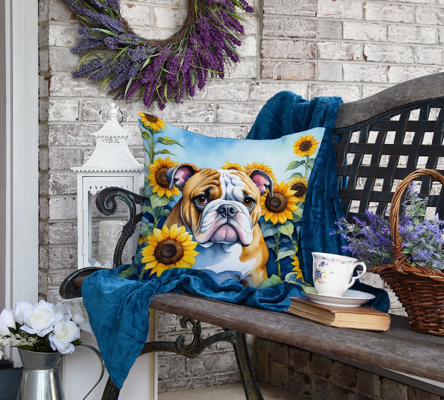English Bulldog in Sunflowers Throw Pillow