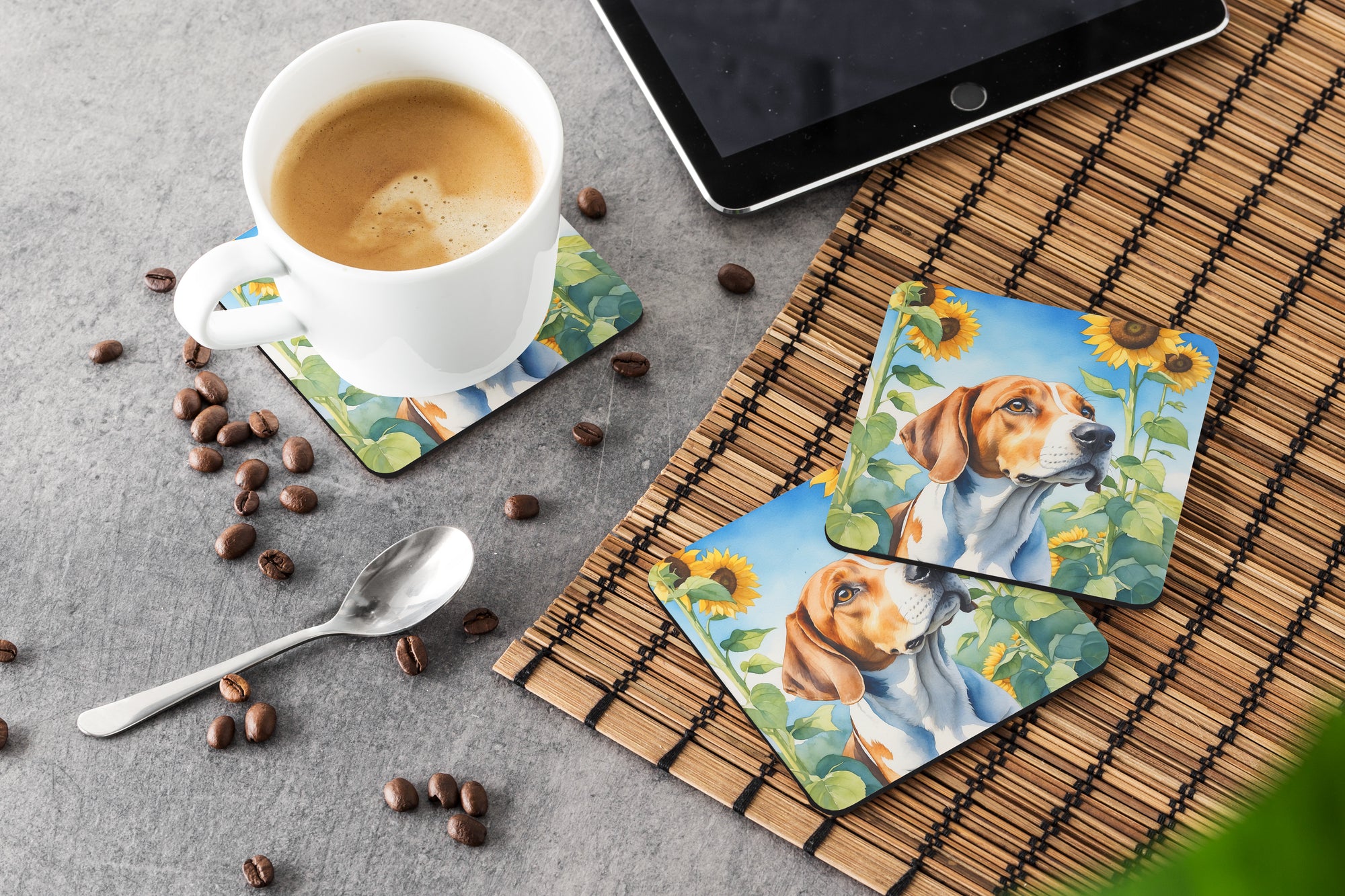 English Foxhound in Sunflowers Foam Coasters