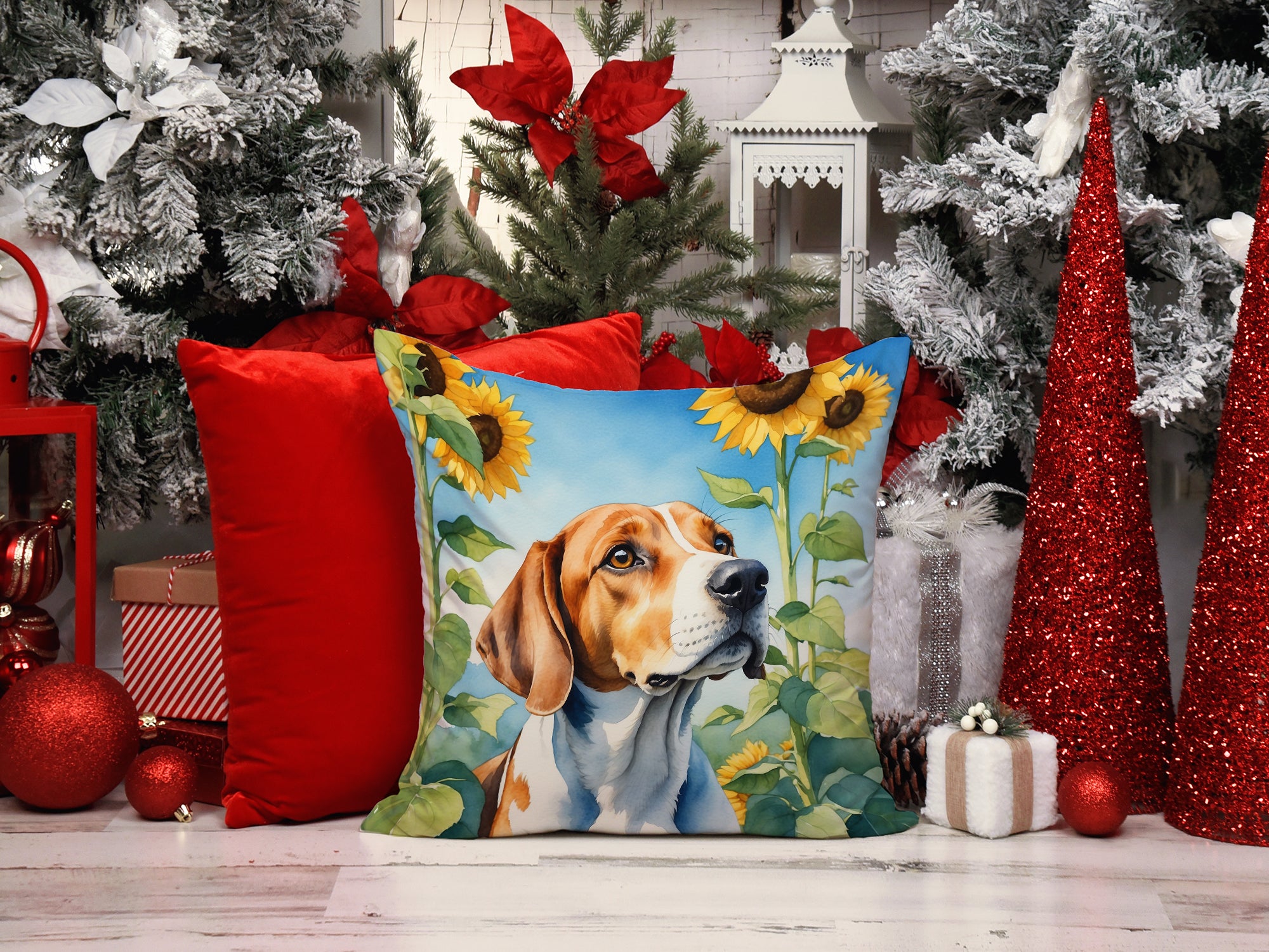 English Foxhound in Sunflowers Throw Pillow