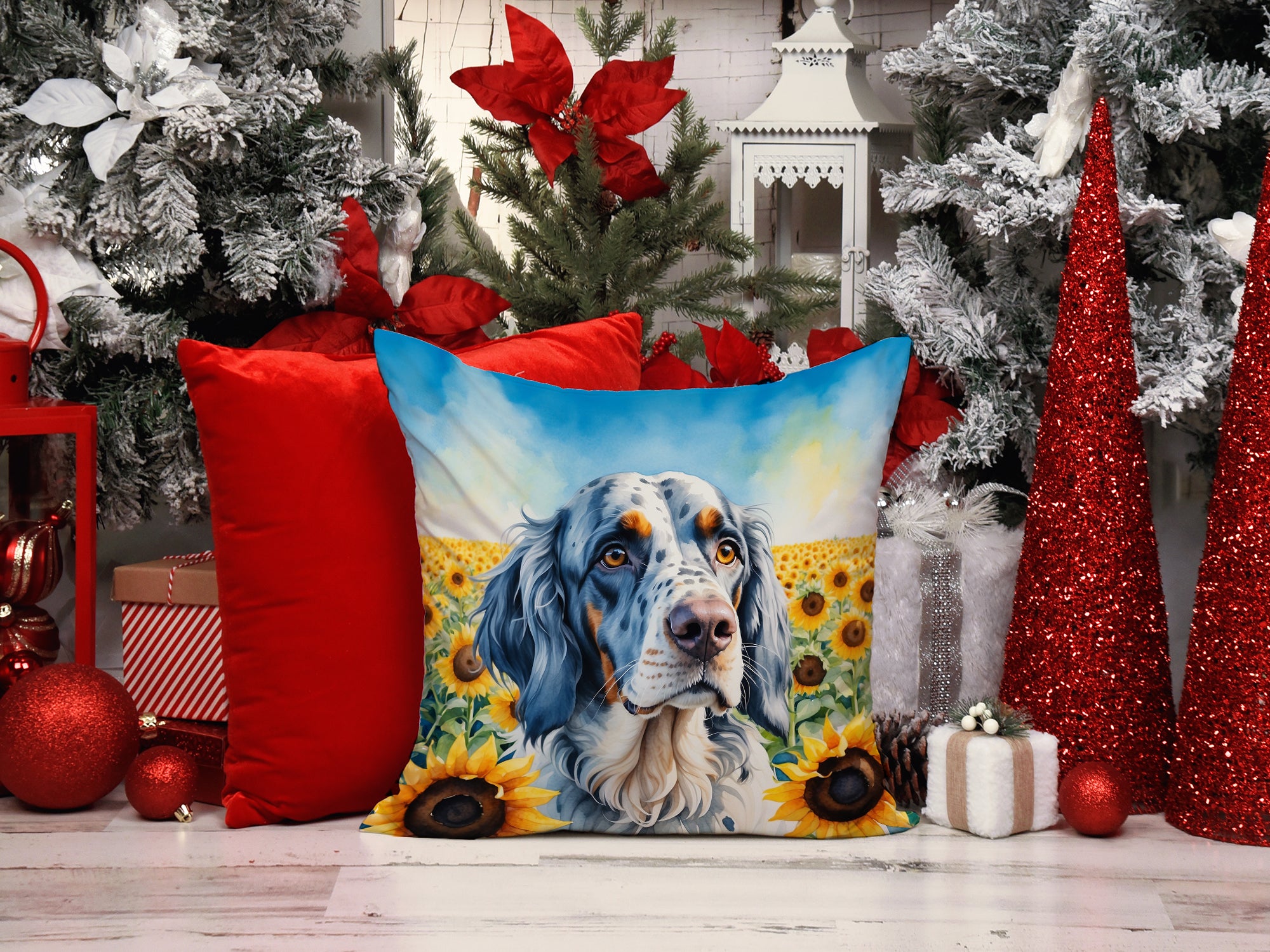 English Setter in Sunflowers Throw Pillow