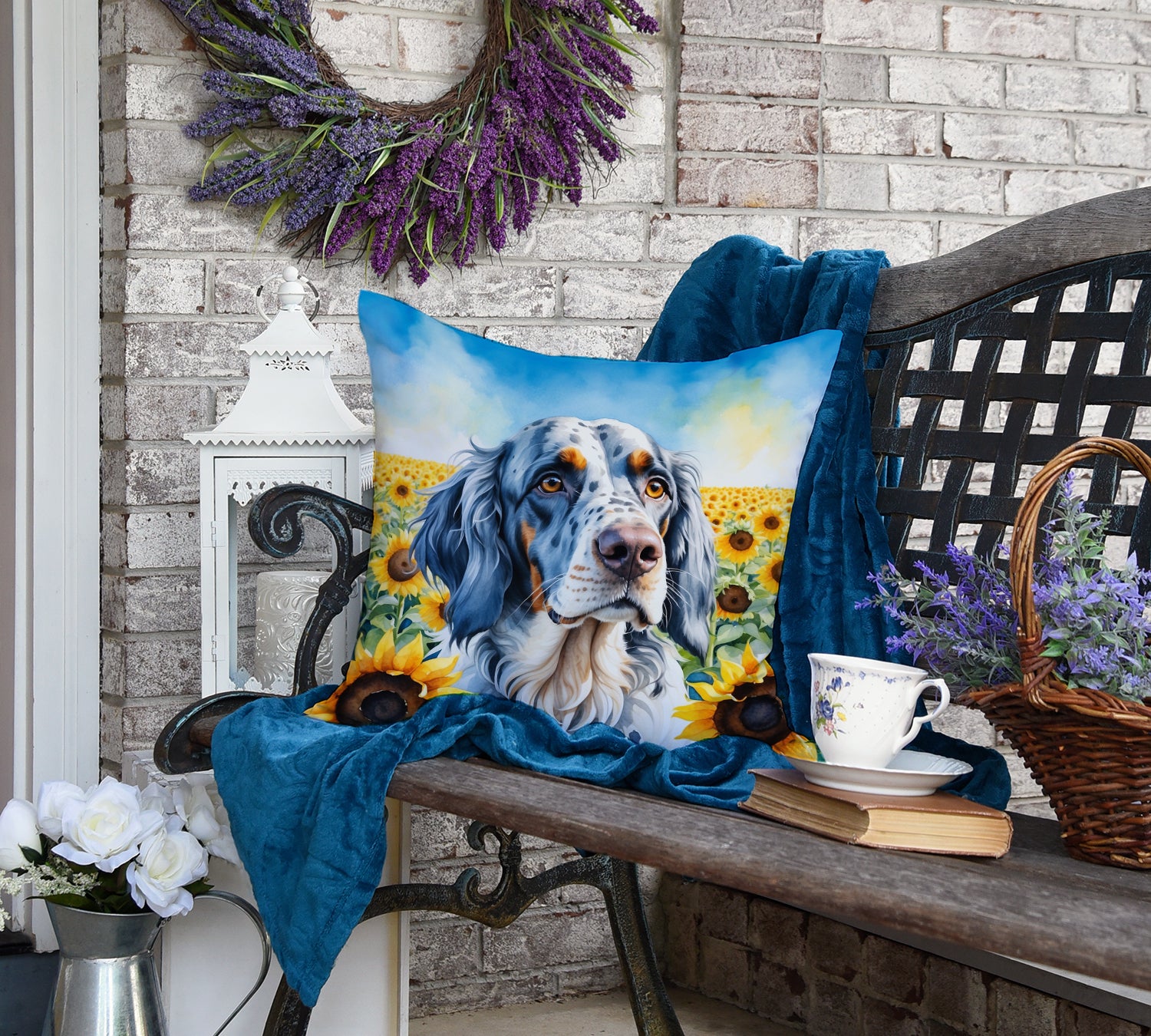 English Setter in Sunflowers Throw Pillow