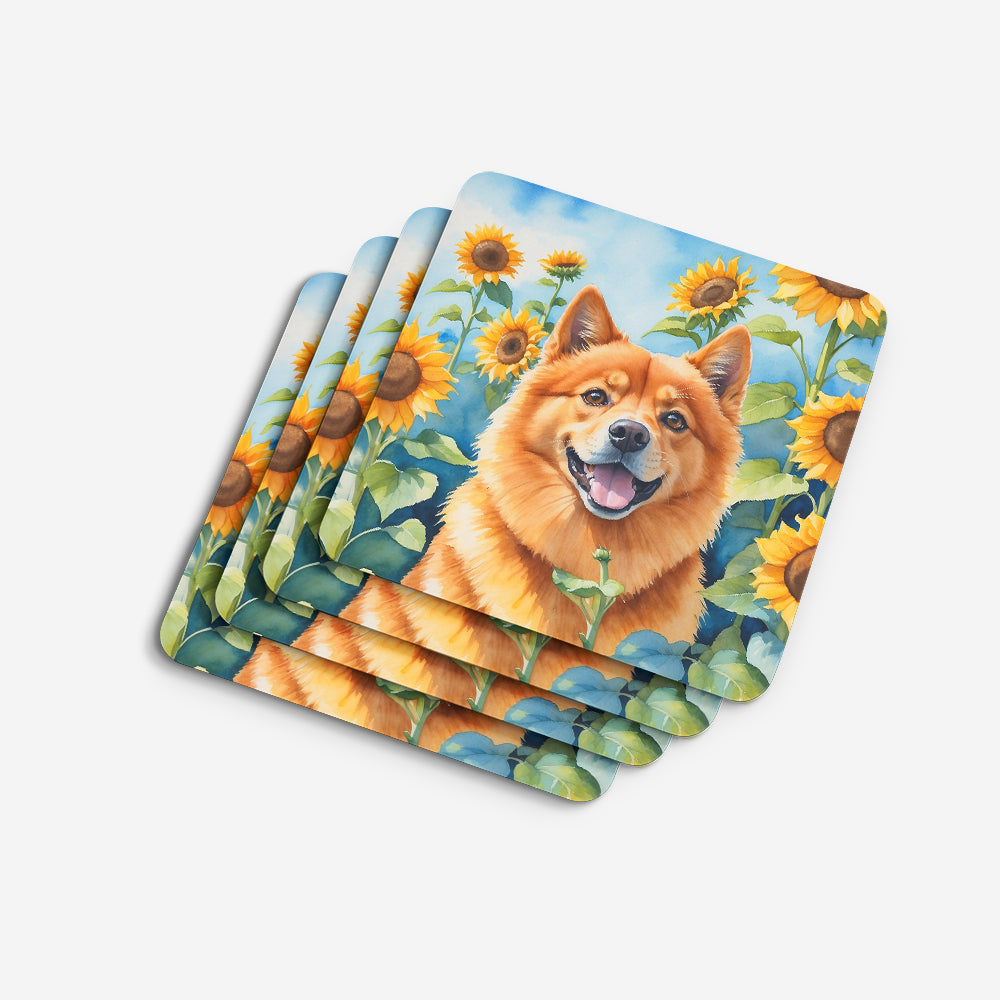 Finnish Spitz in Sunflowers Foam Coasters