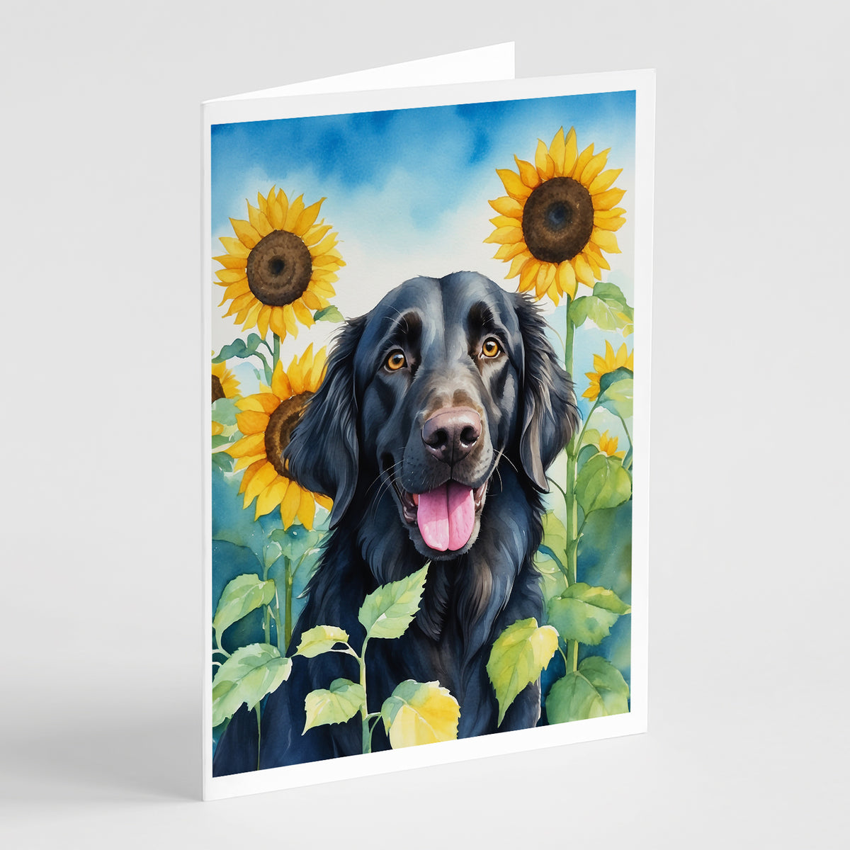 Buy this Flat-Coated Retriever in Sunflowers Greeting Cards Pack of 8