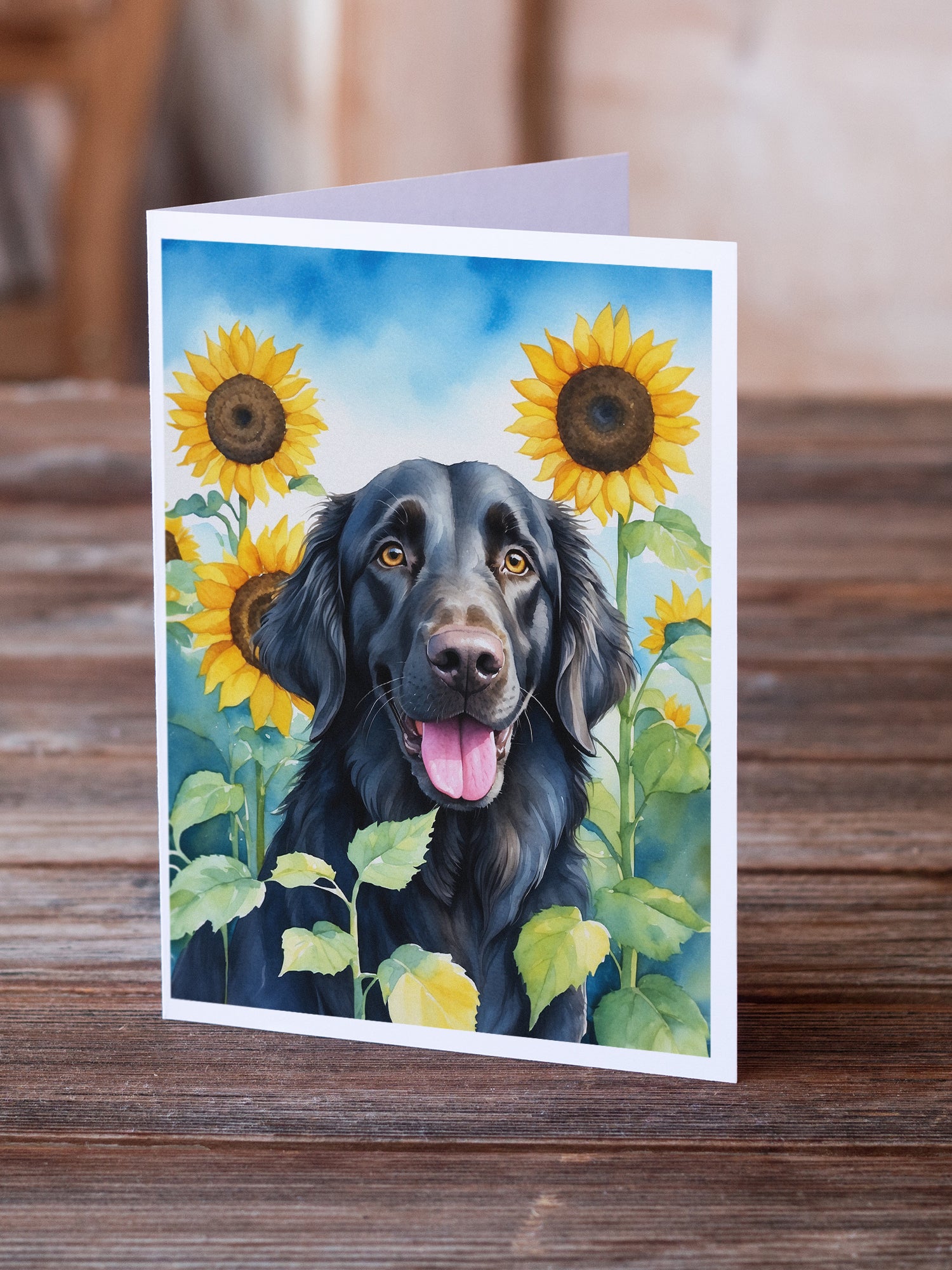 Buy this Flat-Coated Retriever in Sunflowers Greeting Cards Pack of 8
