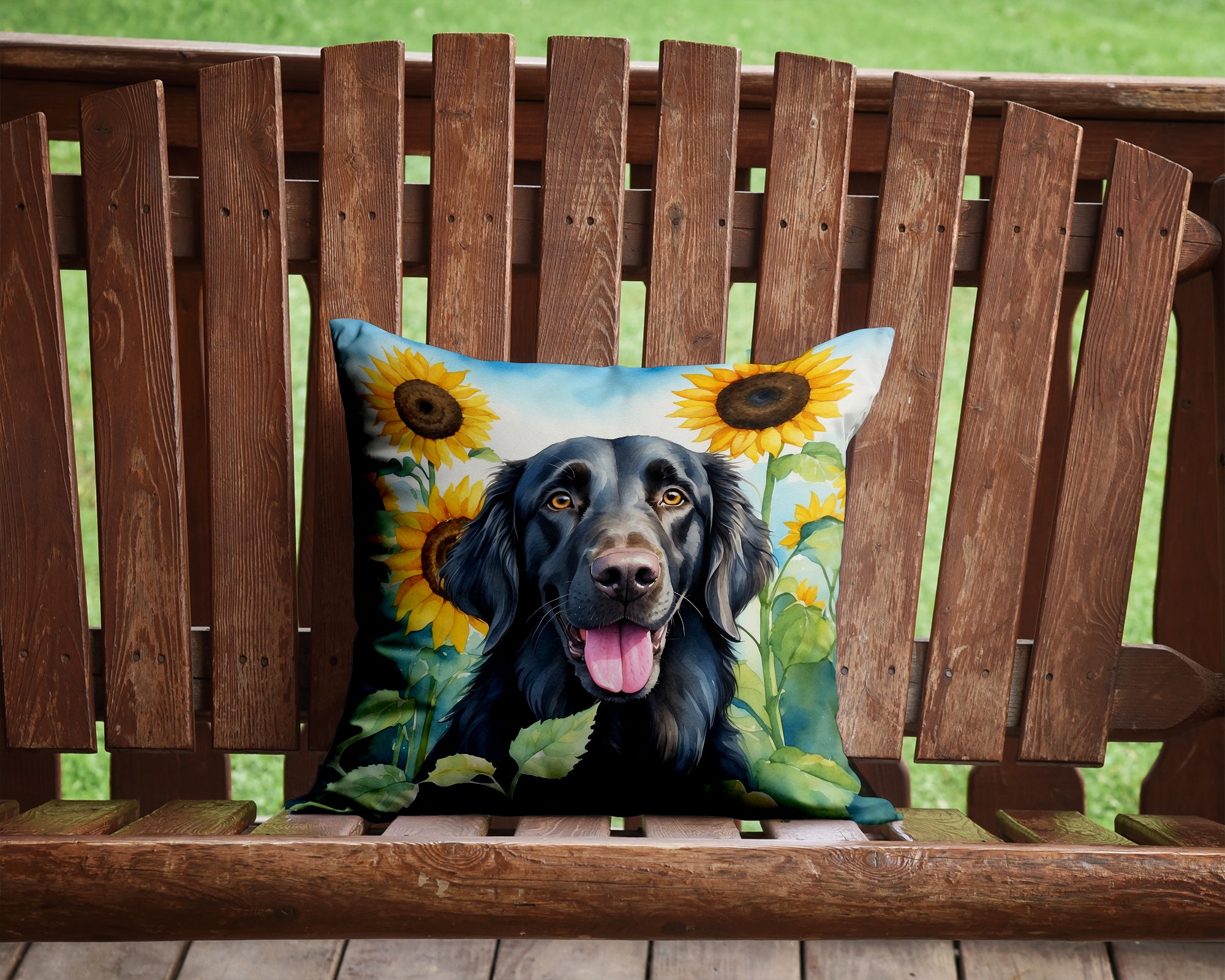 Buy this Flat-Coated Retriever in Sunflowers Throw Pillow