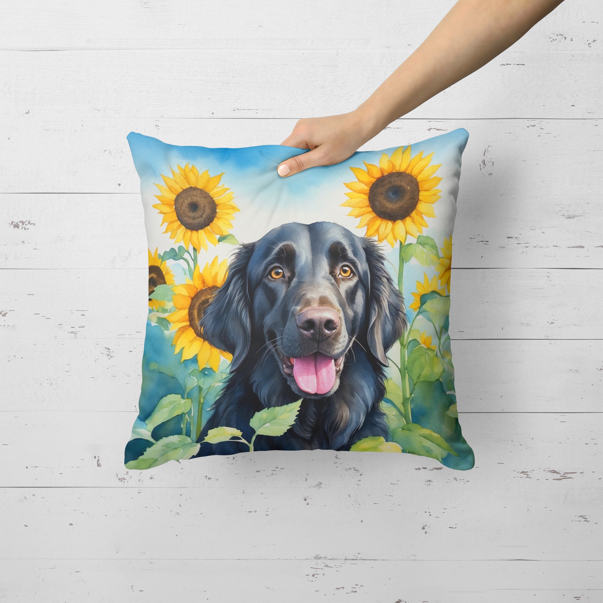 Flat-Coated Retriever in Sunflowers Throw Pillow