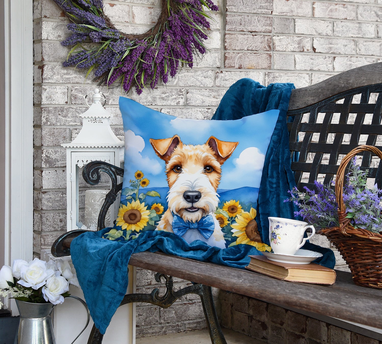 Fox Terrier in Sunflowers Throw Pillow