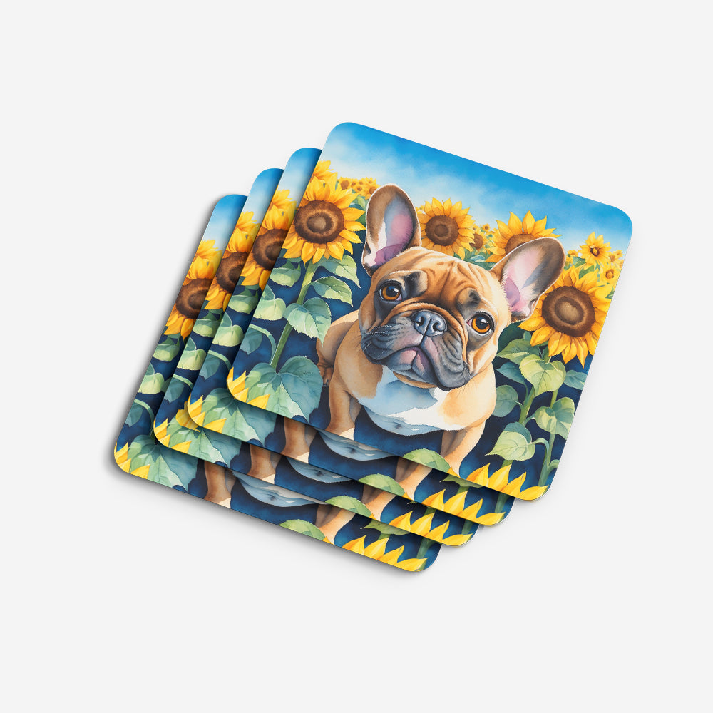 Caroline's Treasures French Bulldog in Sunflowers Coasters - Set of 4 Lightweight Foam, Absorbent Drink Coasters