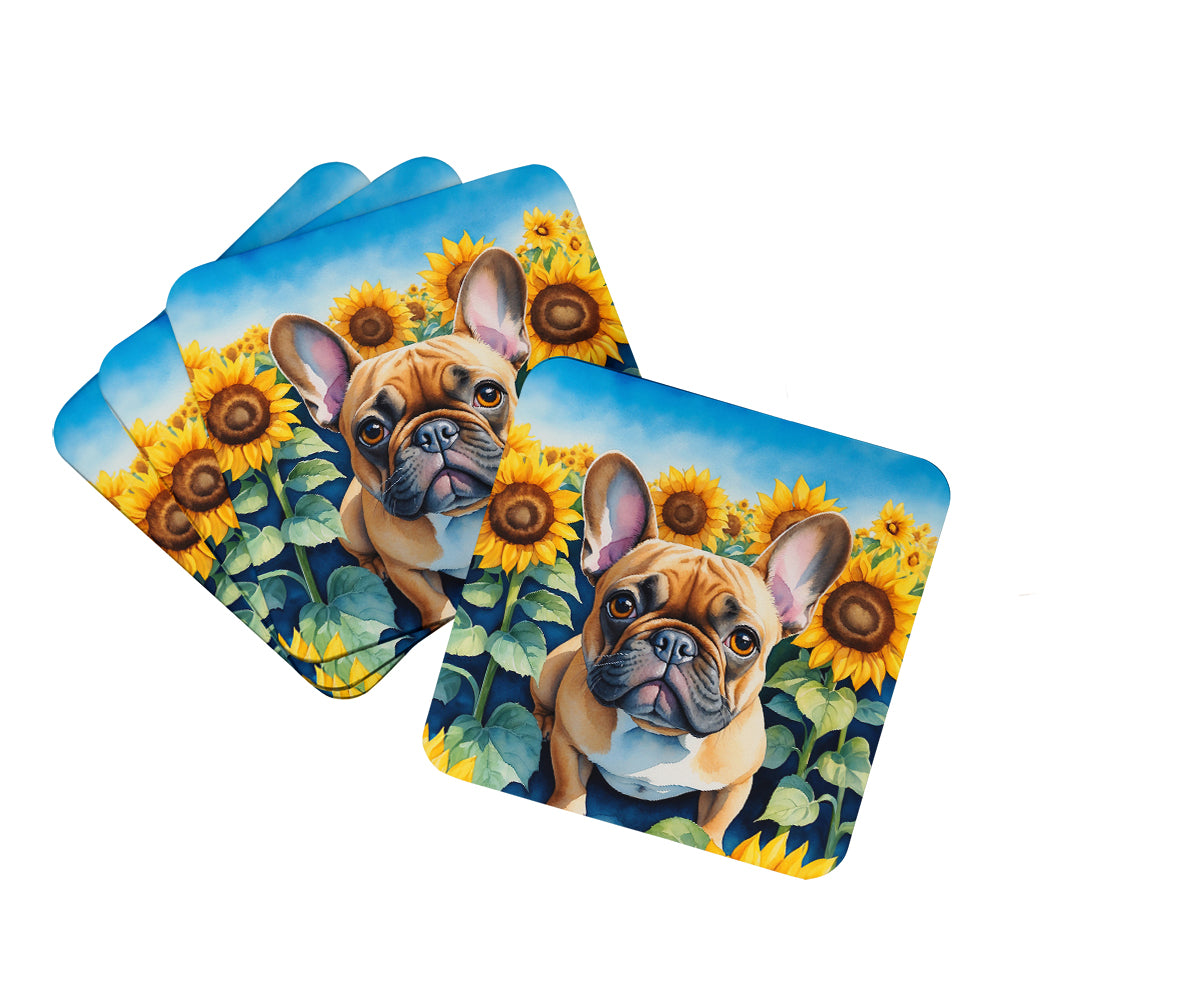 Caroline's Treasures French Bulldog in Sunflowers Coasters - Set of 4 Lightweight Foam, Absorbent Drink Coasters
