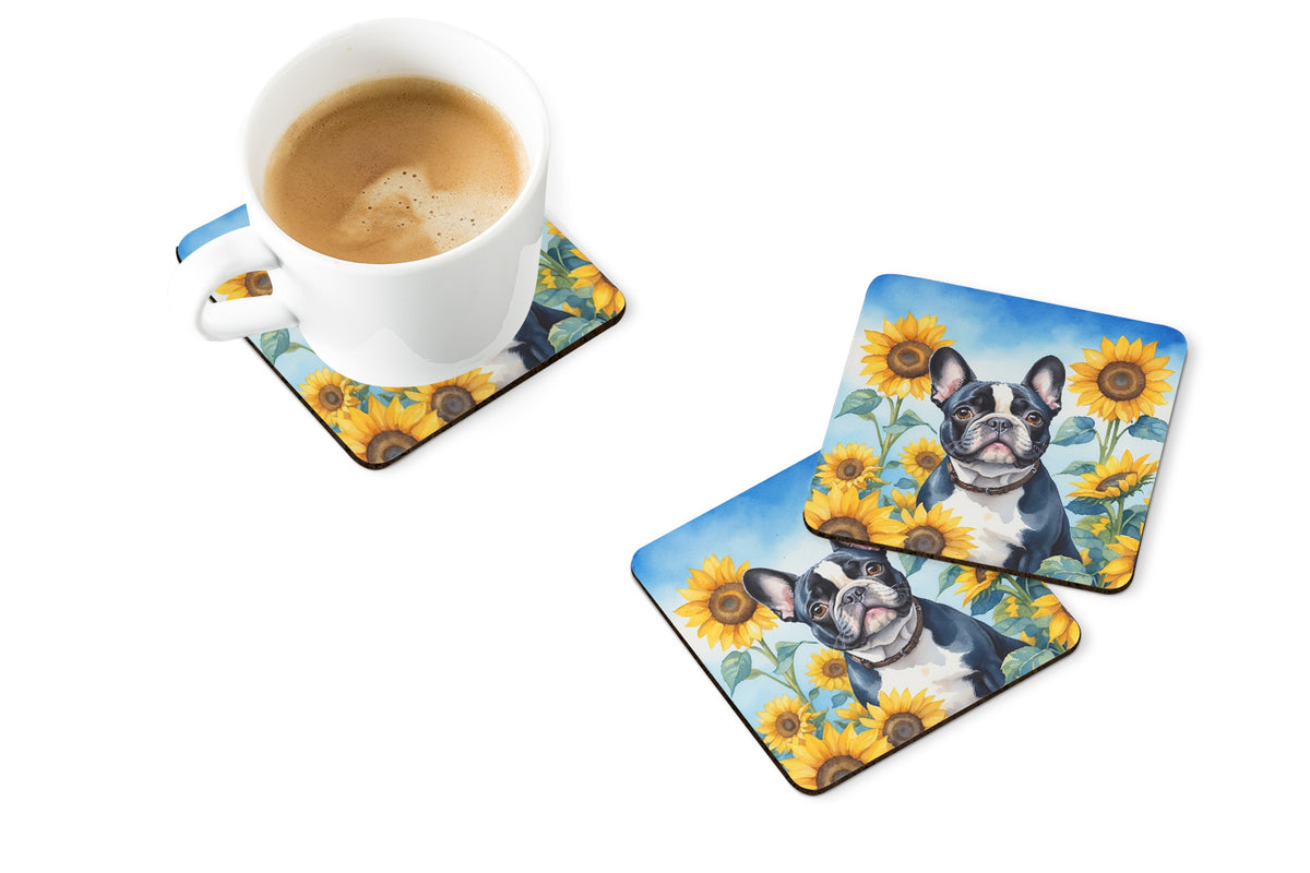Caroline's Treasures French Bulldog in Sunflowers Coasters - Set of 4 Lightweight Foam, Absorbent Drink Coasters