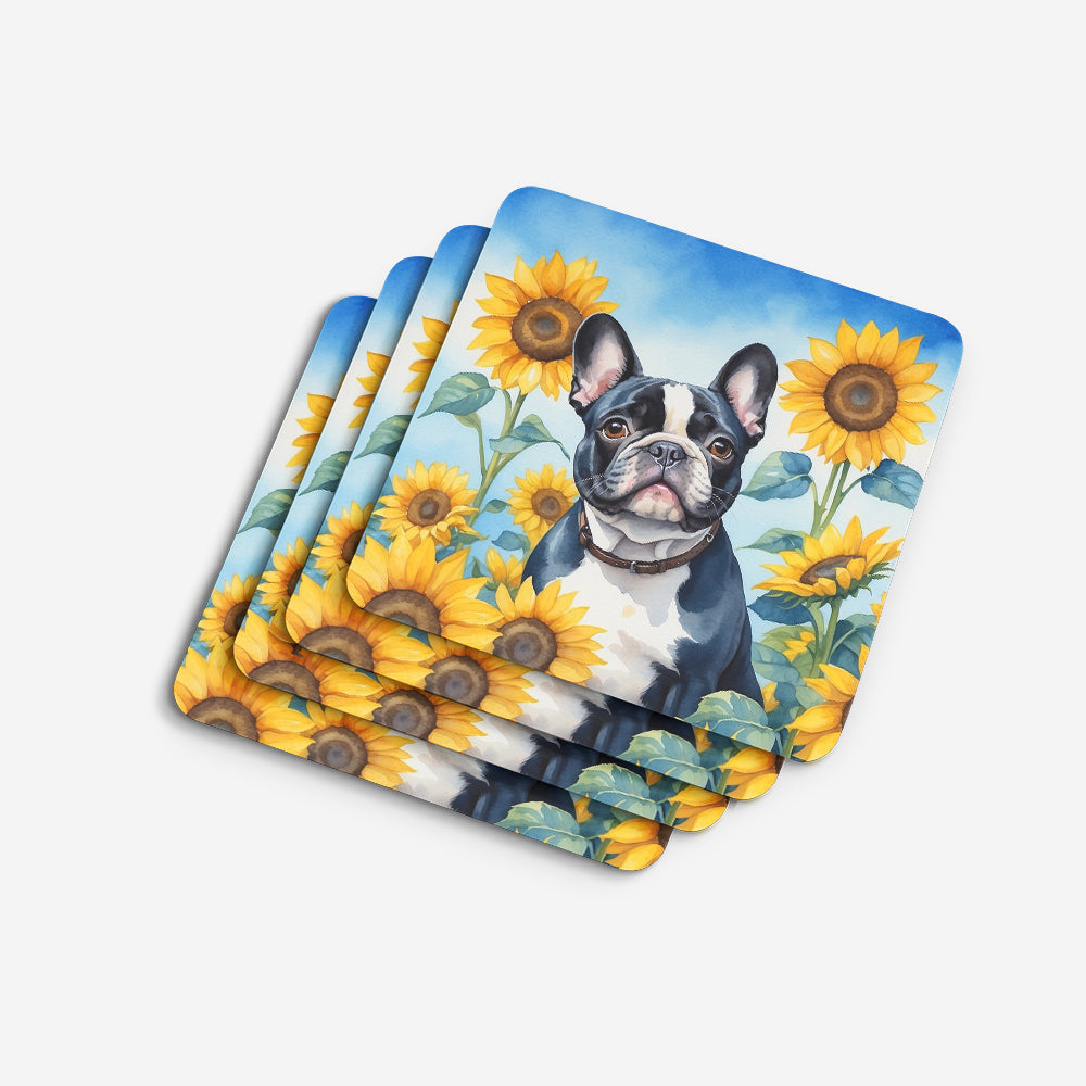 Caroline's Treasures French Bulldog in Sunflowers Coasters - Set of 4 Lightweight Foam, Absorbent Drink Coasters