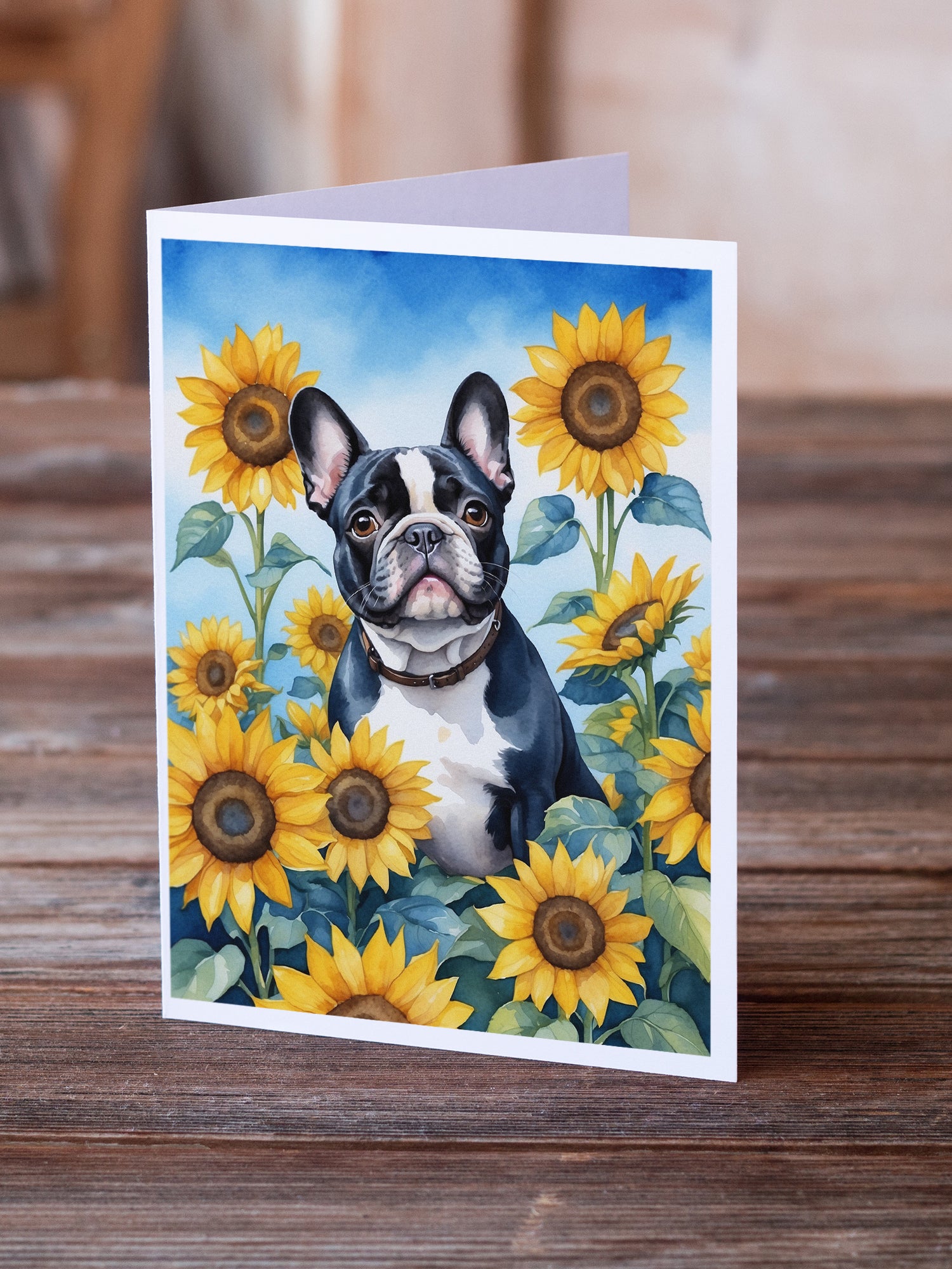 French Bulldog in Sunflowers Greeting Cards Pack of 8