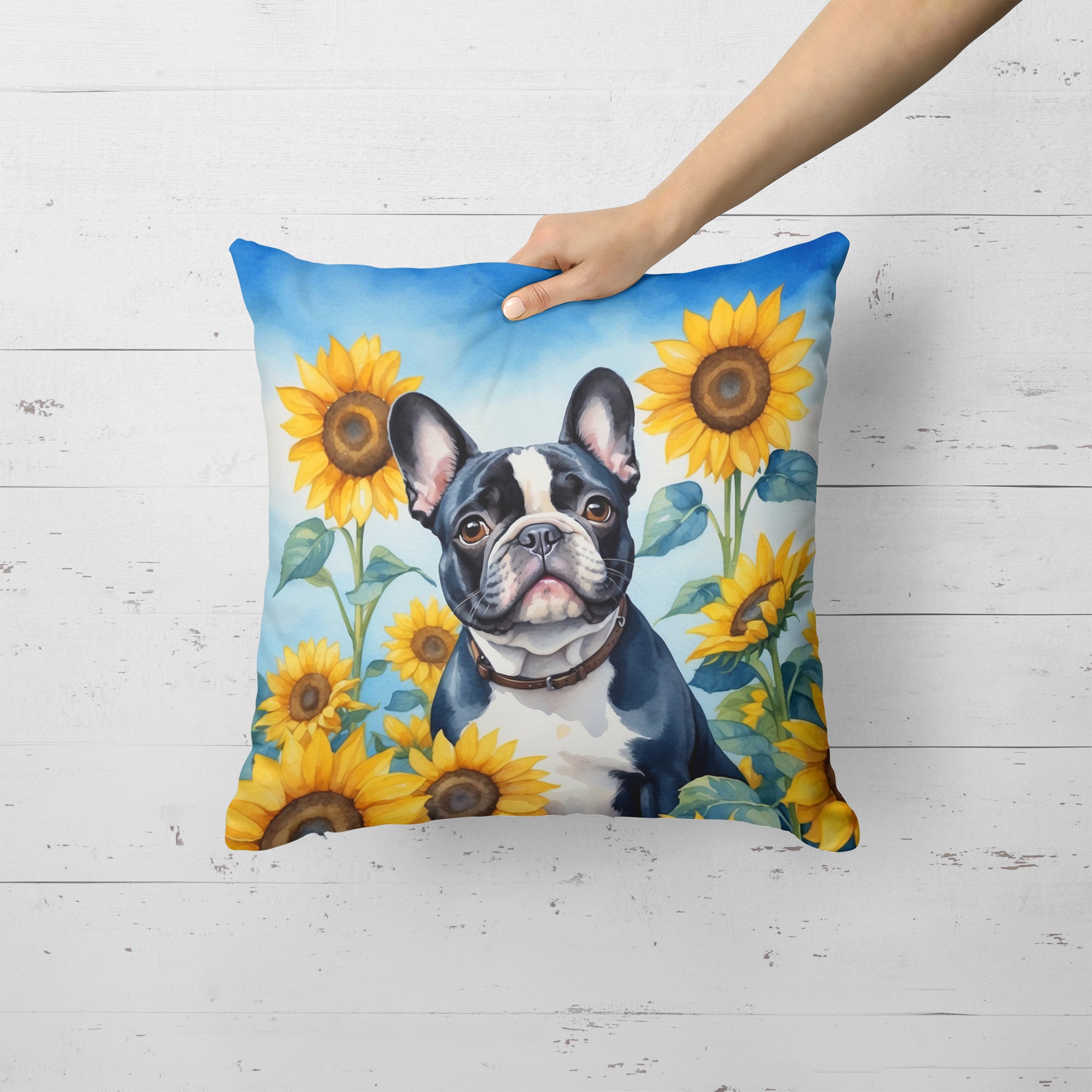 Buy this French Bulldog in Sunflowers Throw Pillow