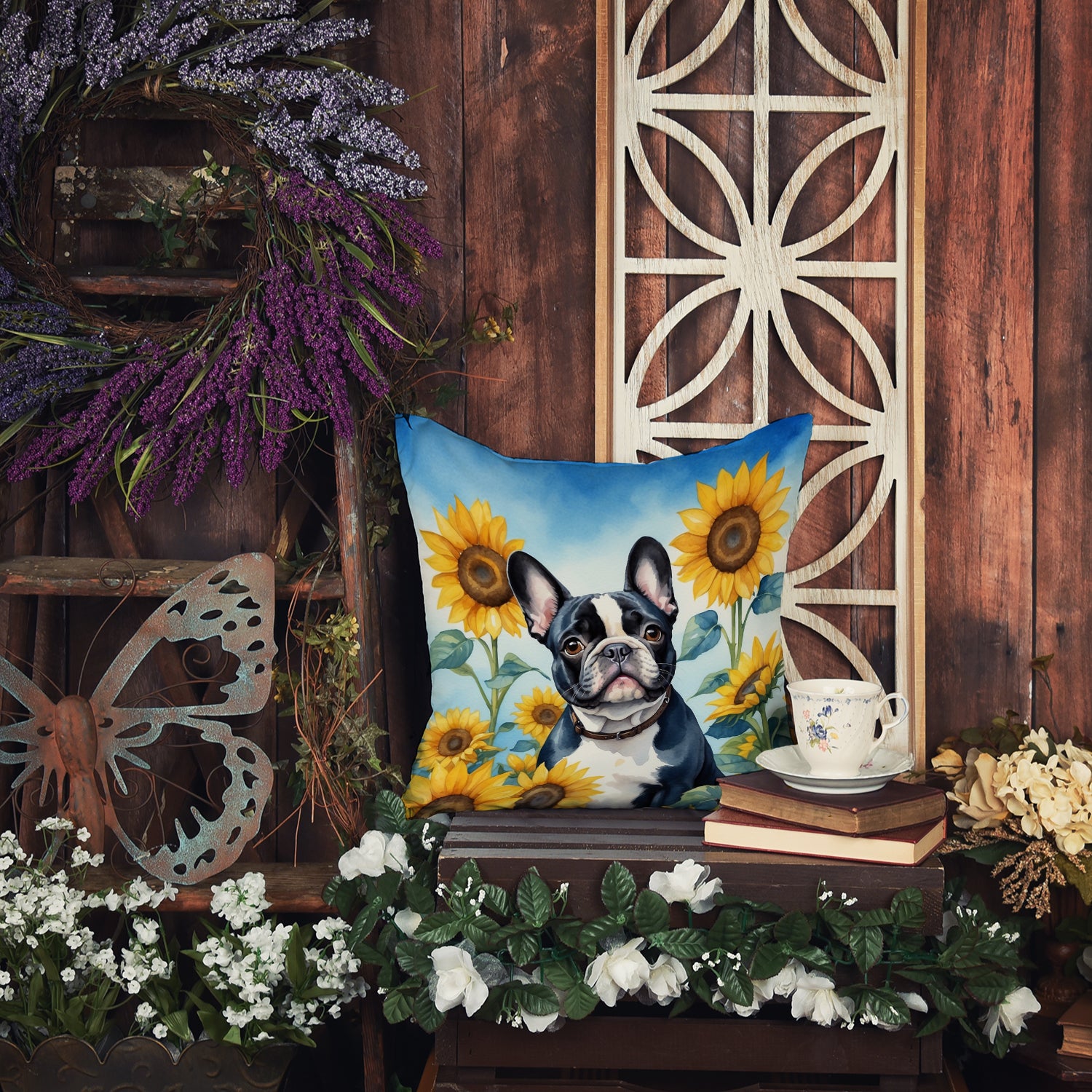 French Bulldog in Sunflowers Throw Pillow