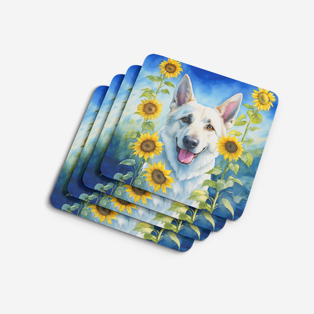 White German Shepherd in Sunflowers Foam Coasters