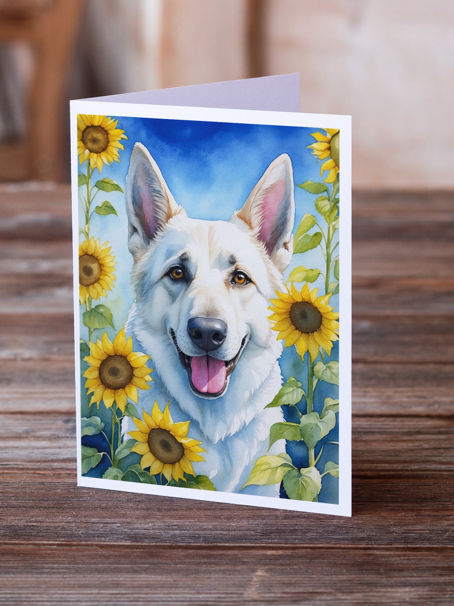 White German Shepherd in Sunflowers Greeting Cards Pack of 8