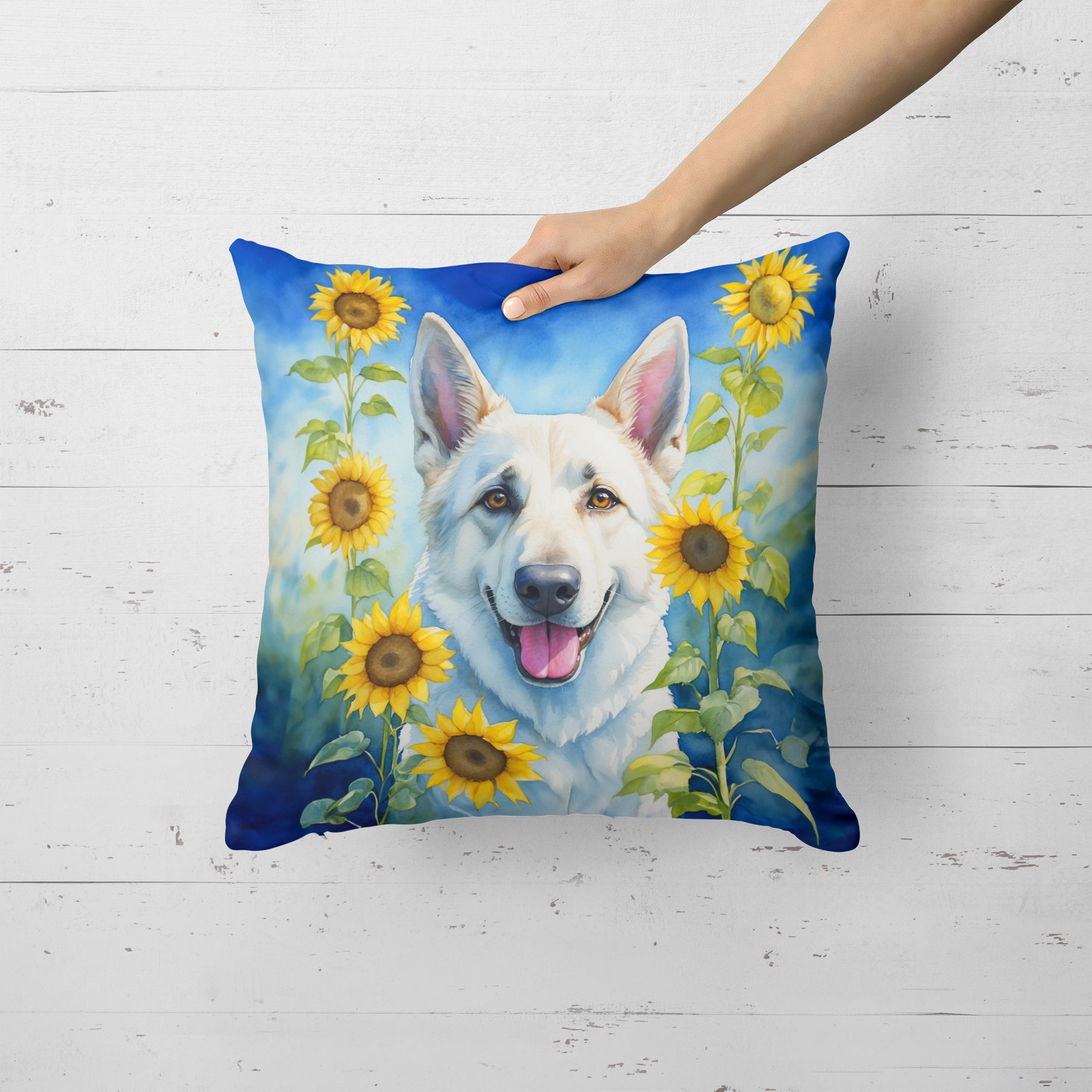 White German Shepherd in Sunflowers Throw Pillow