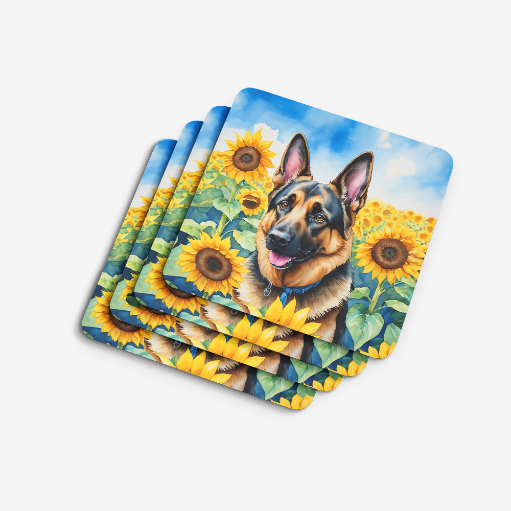German Shepherd in Sunflowers Foam Coasters