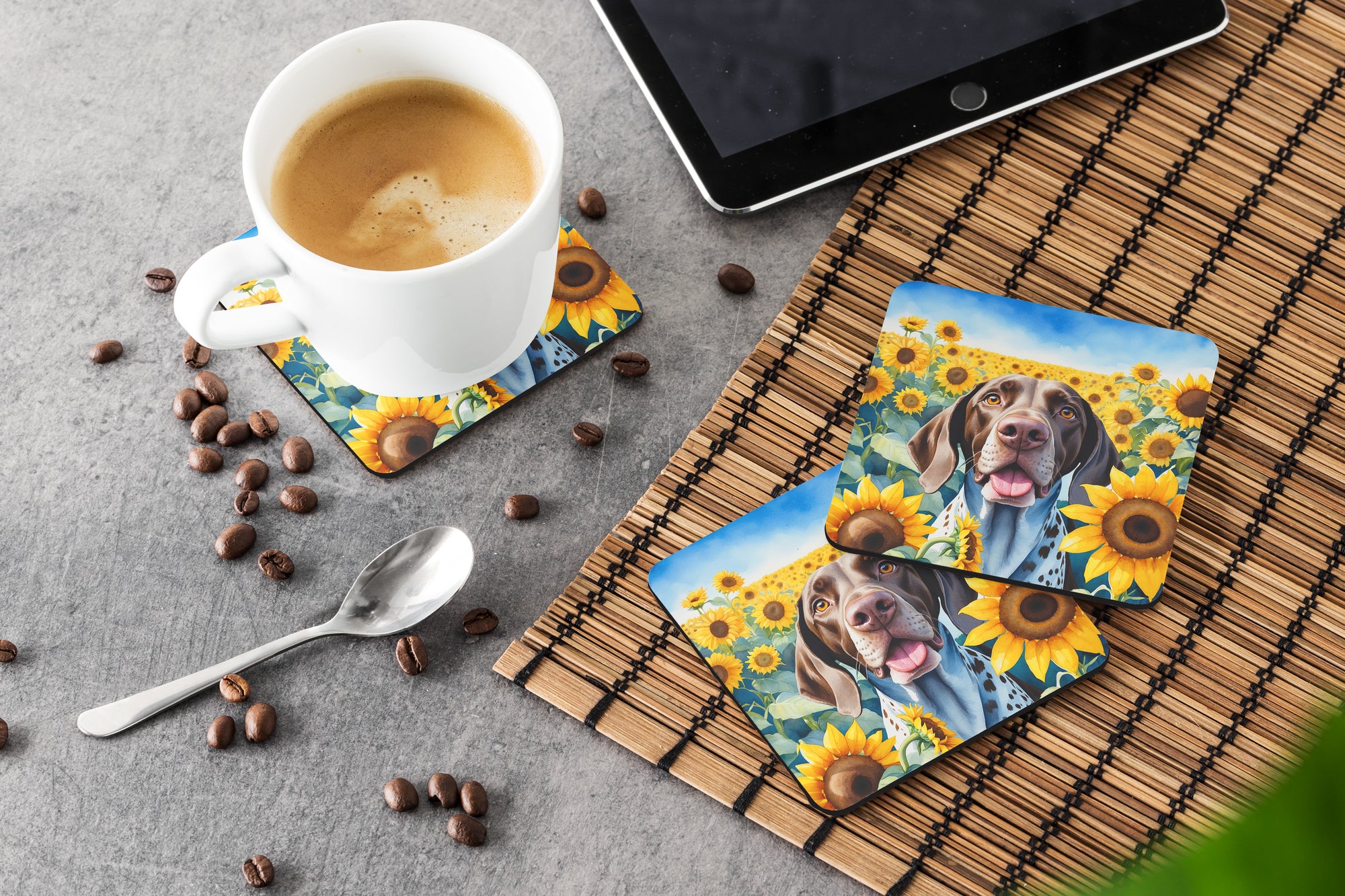 German Shorthaired Pointer in Sunflowers Foam Coasters